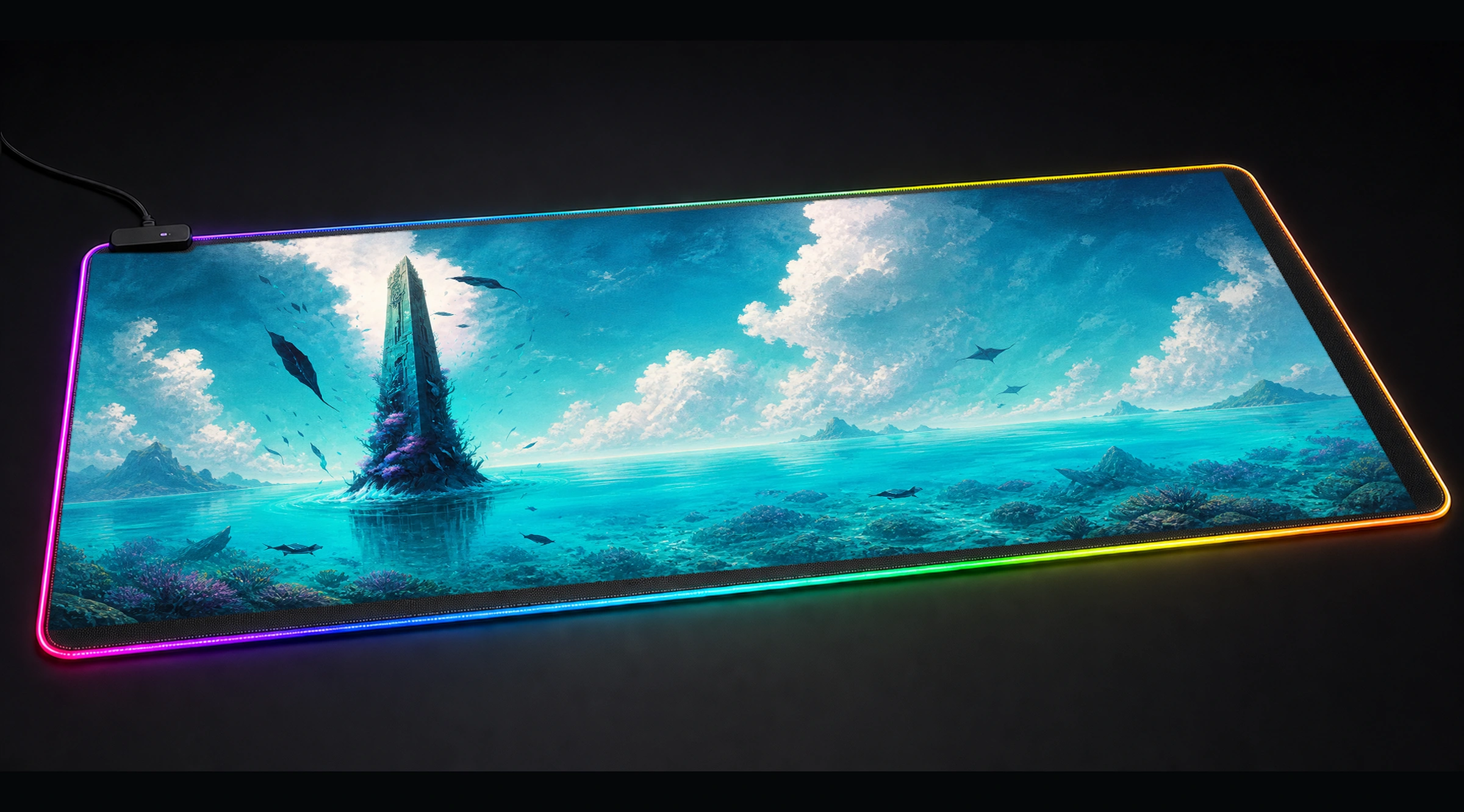 A Beautiful Obelisk fantasy art panoramic RGB gaming desk mat product view
