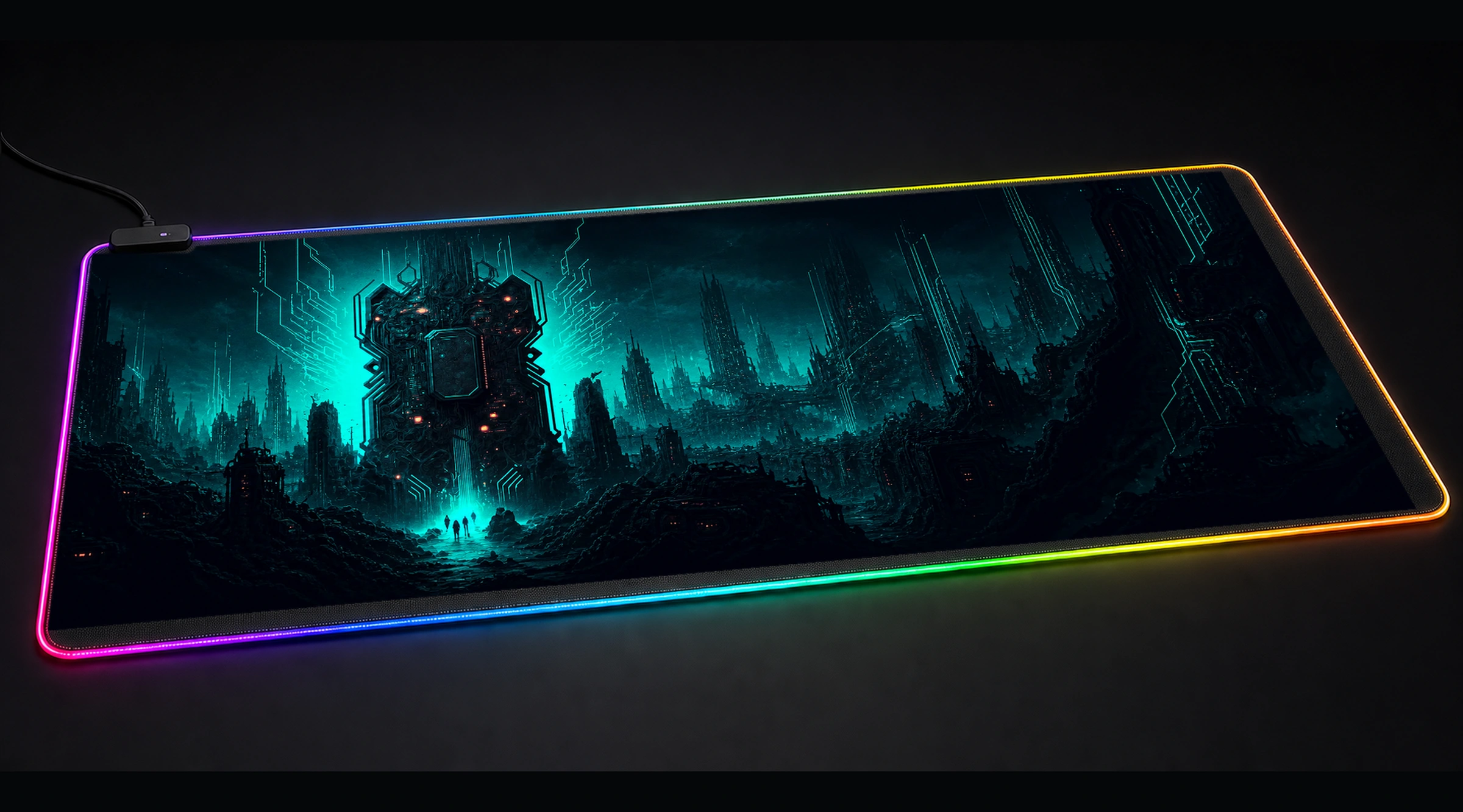 Necropolis city cyberpunk city panoramic RGB gaming desk mat product view