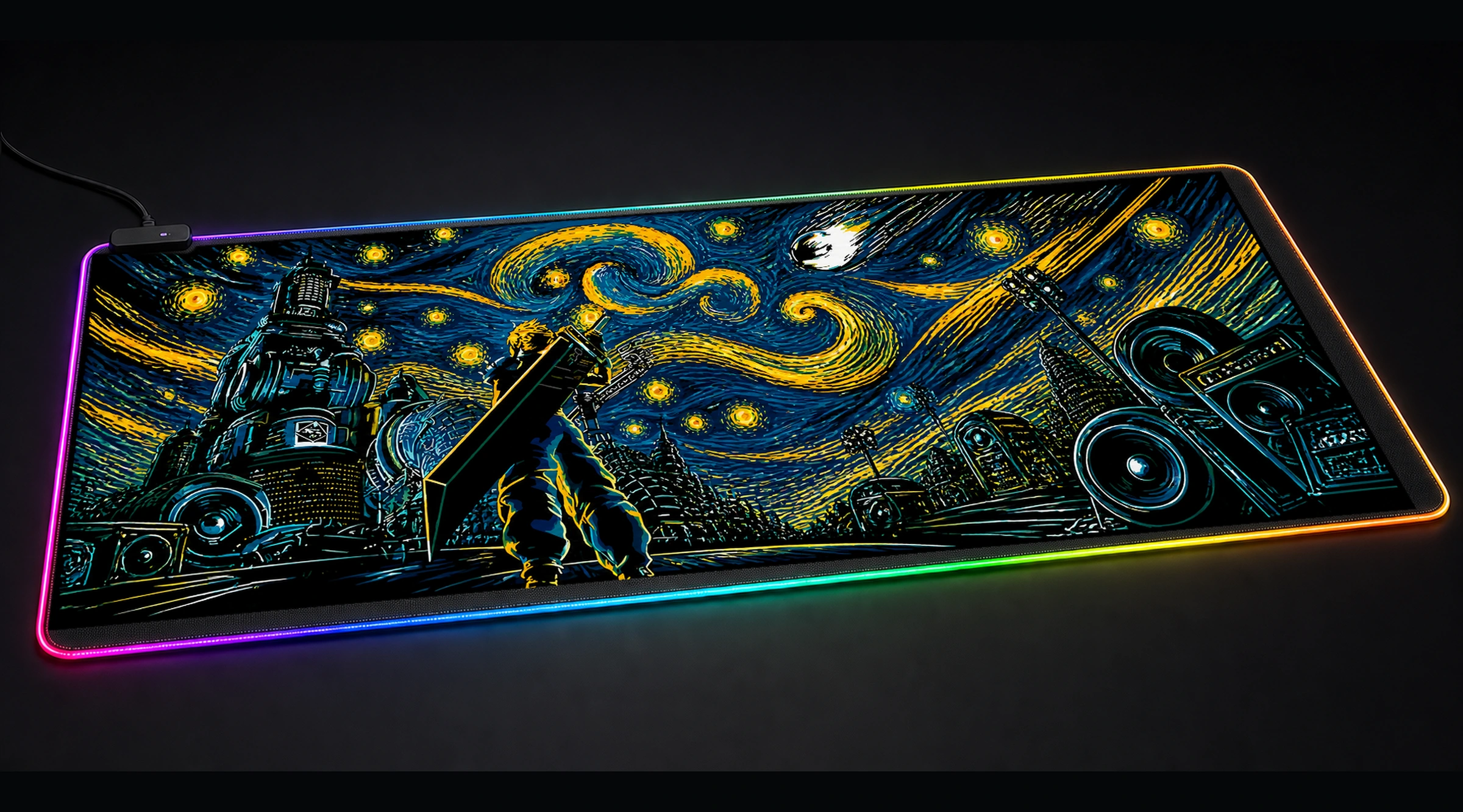 Cloud Fantasy game world art panoramic RGB gaming desk mat product view