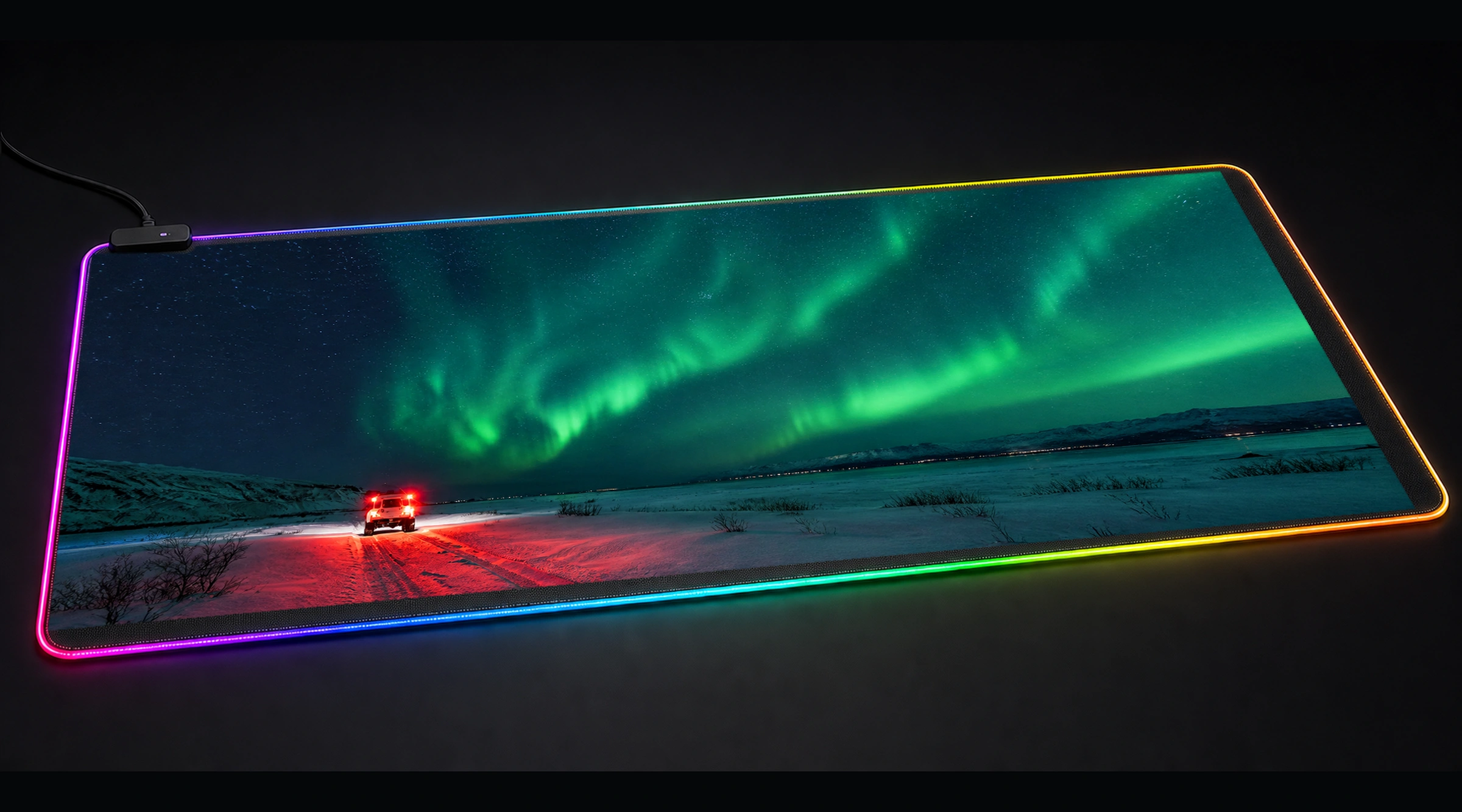 Iceline with Car Aurora mountain landscape panoramic RGB gaming desk mat product view