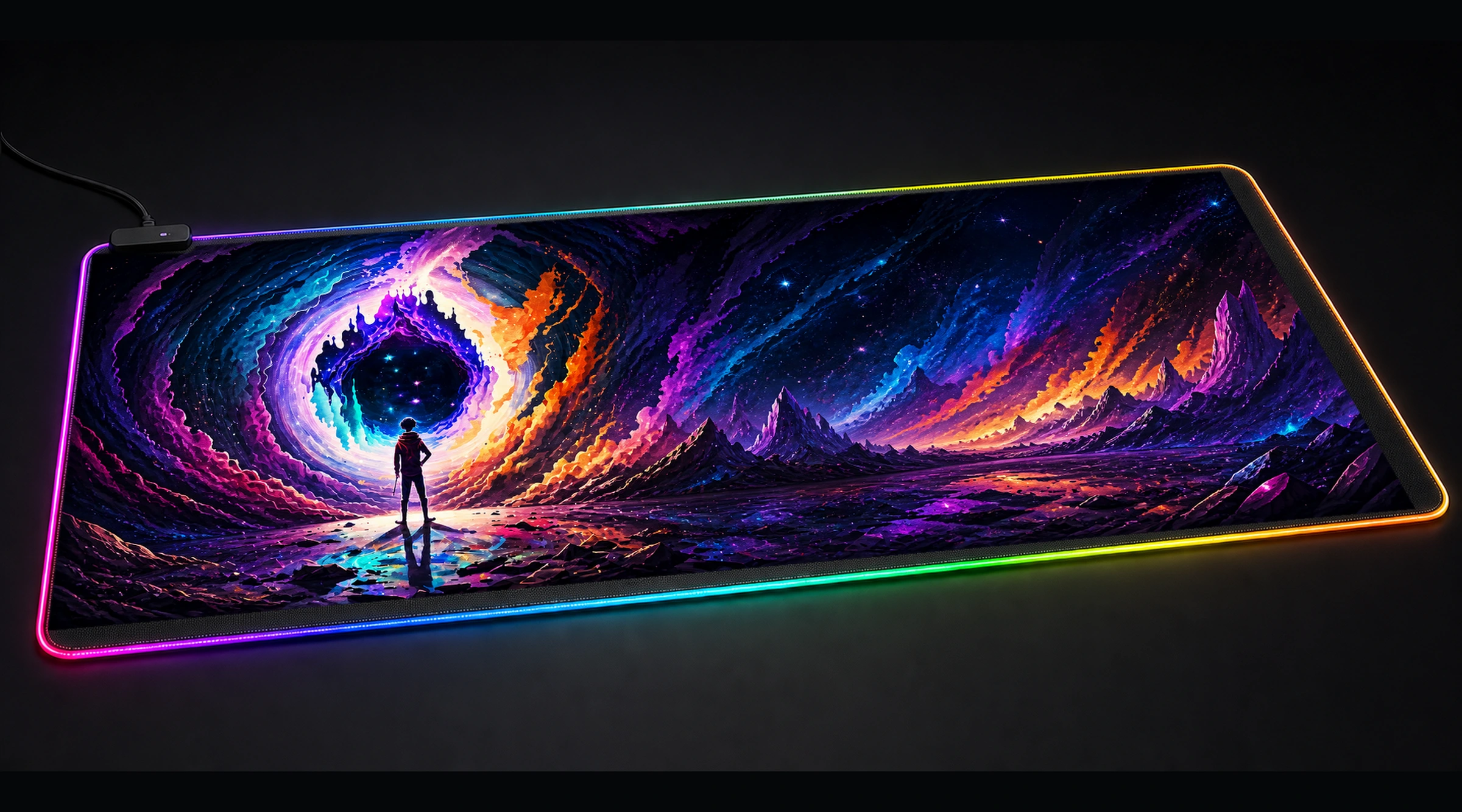 Portal Cosmic Space galaxy space art panoramic RGB gaming desk mat product view