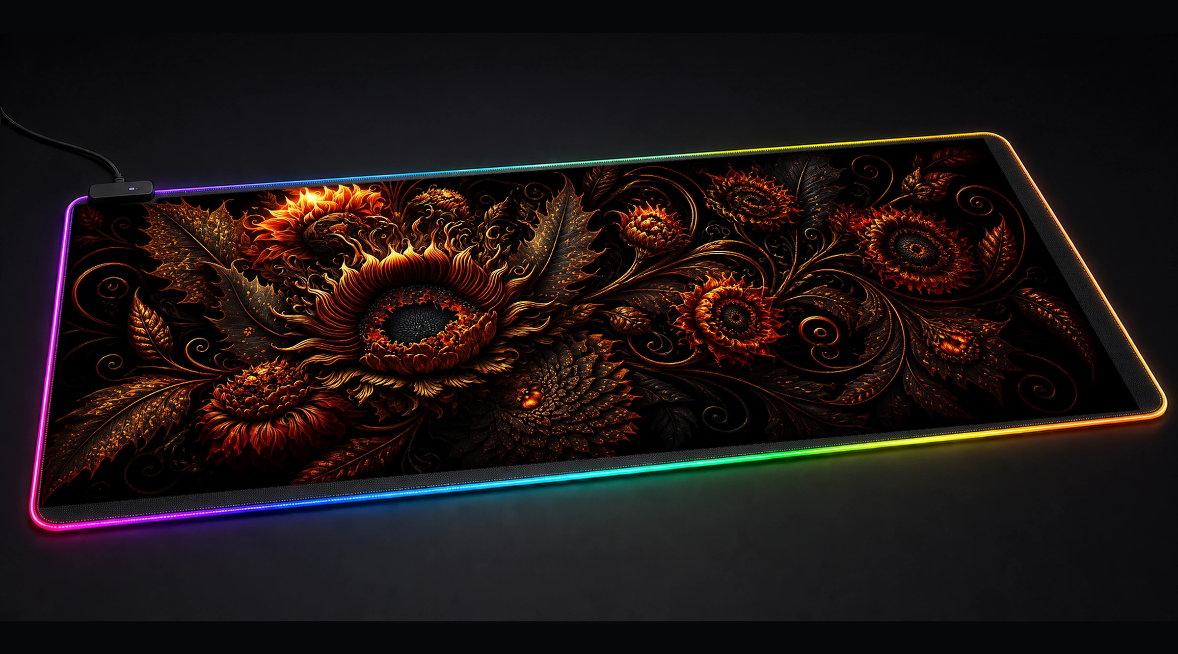 Ultra Fire Sunflower floral botanical art panoramic RGB gaming desk mat product view