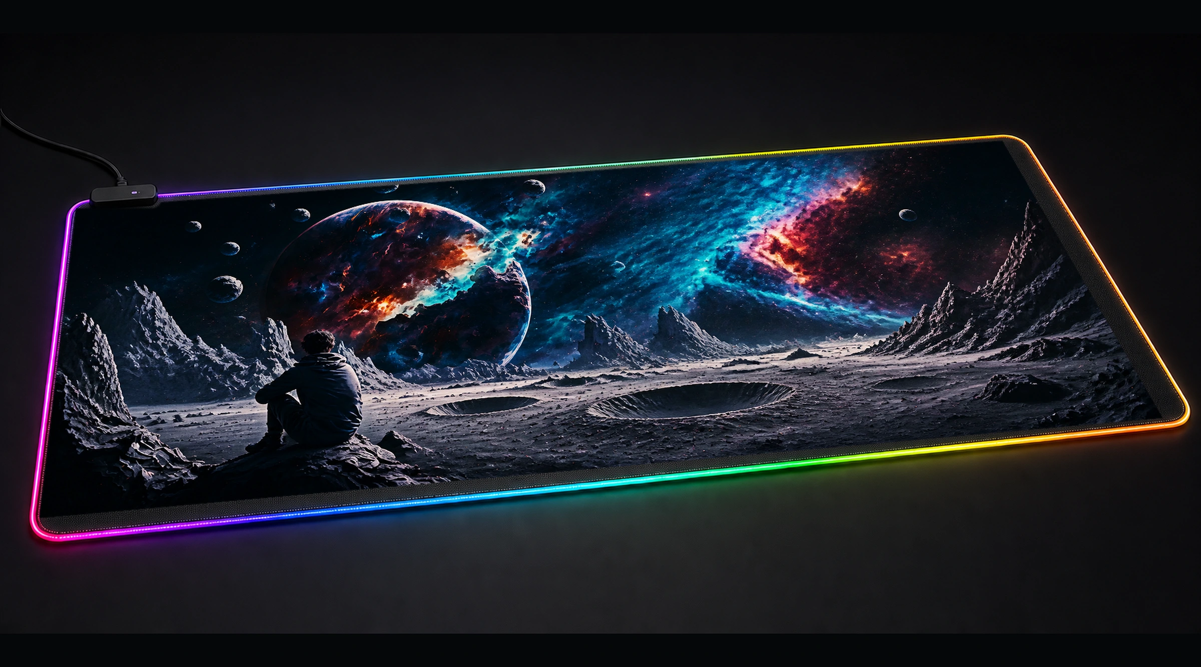 Watching cosmos celestial moon art panoramic RGB gaming desk mat product view