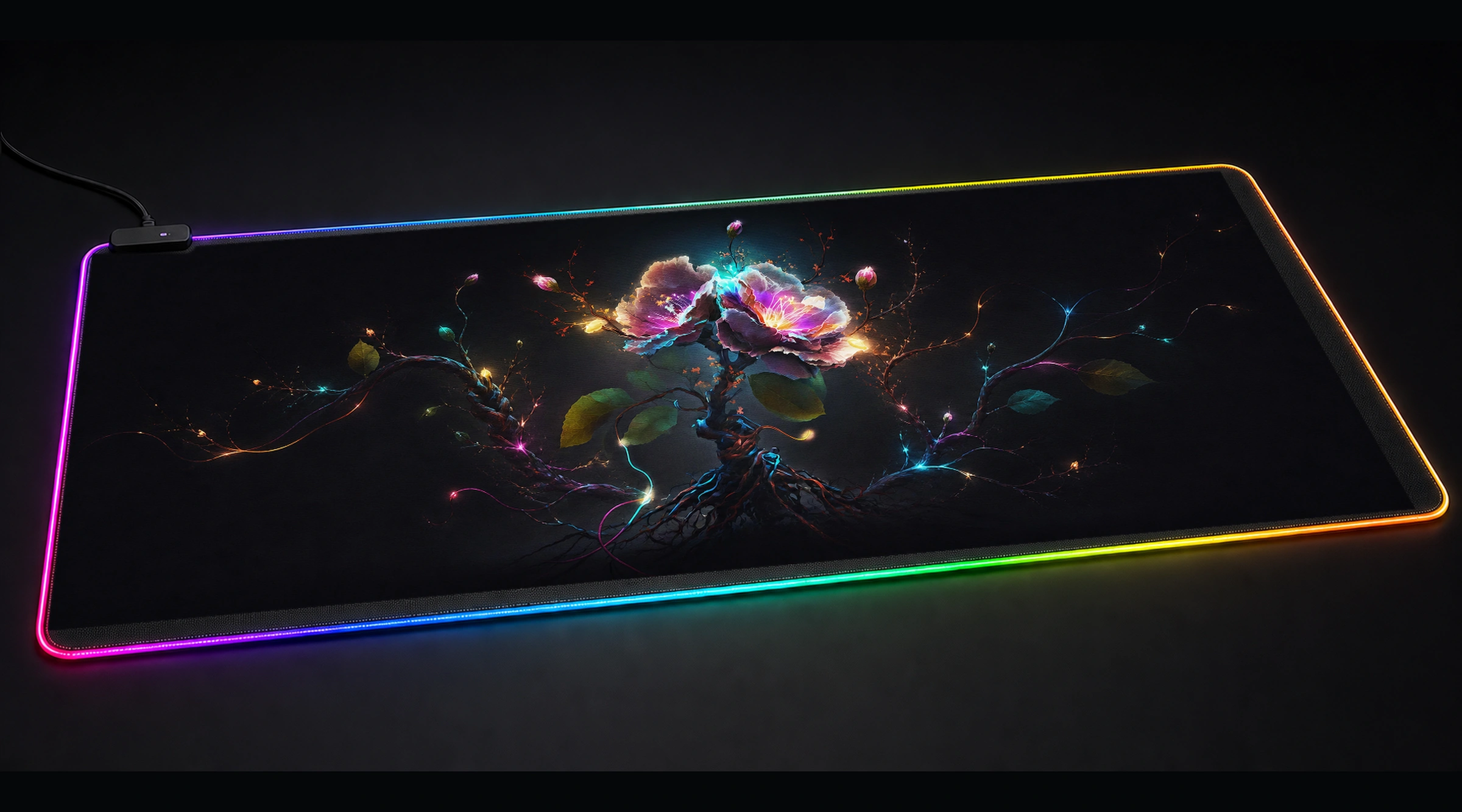 Electric Bloom floral botanical art panoramic RGB gaming desk mat product view