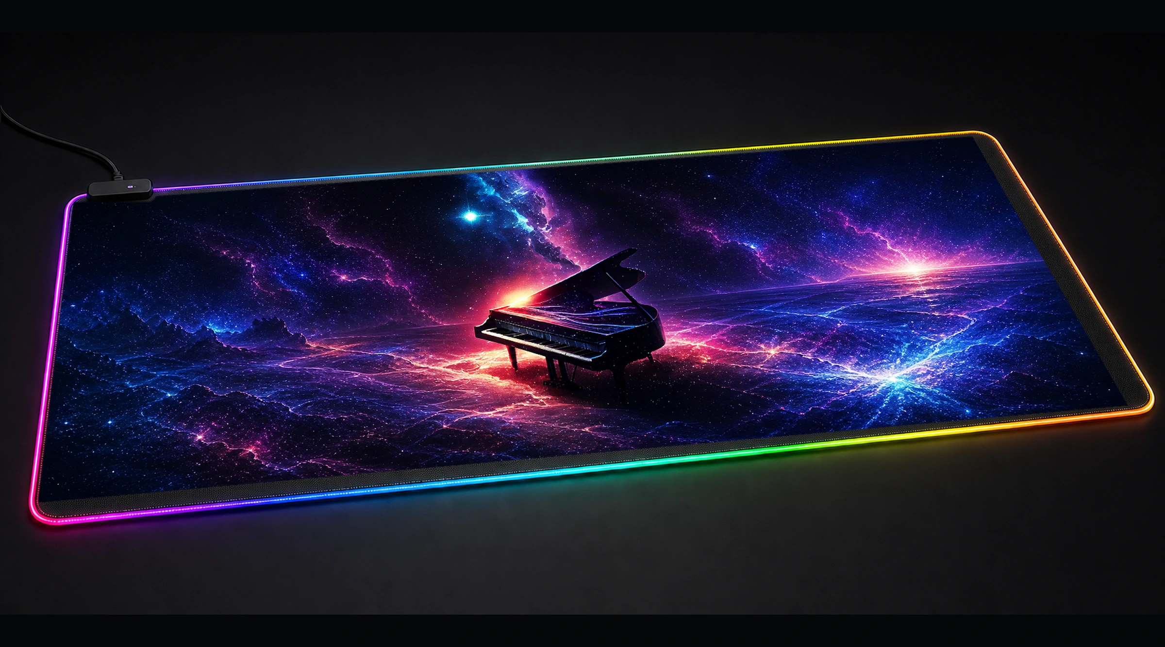 Magic Piano galaxy space art panoramic RGB gaming desk mat product view