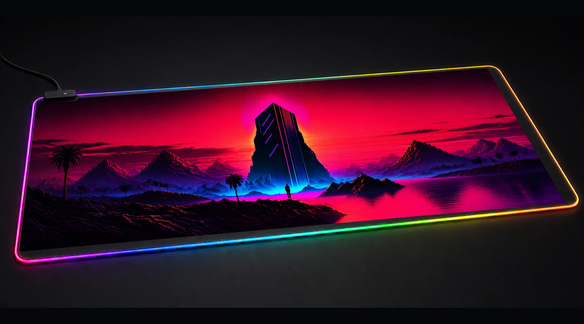 Monolith Wave Cultists cyberpunk city panoramic RGB gaming desk mat product view