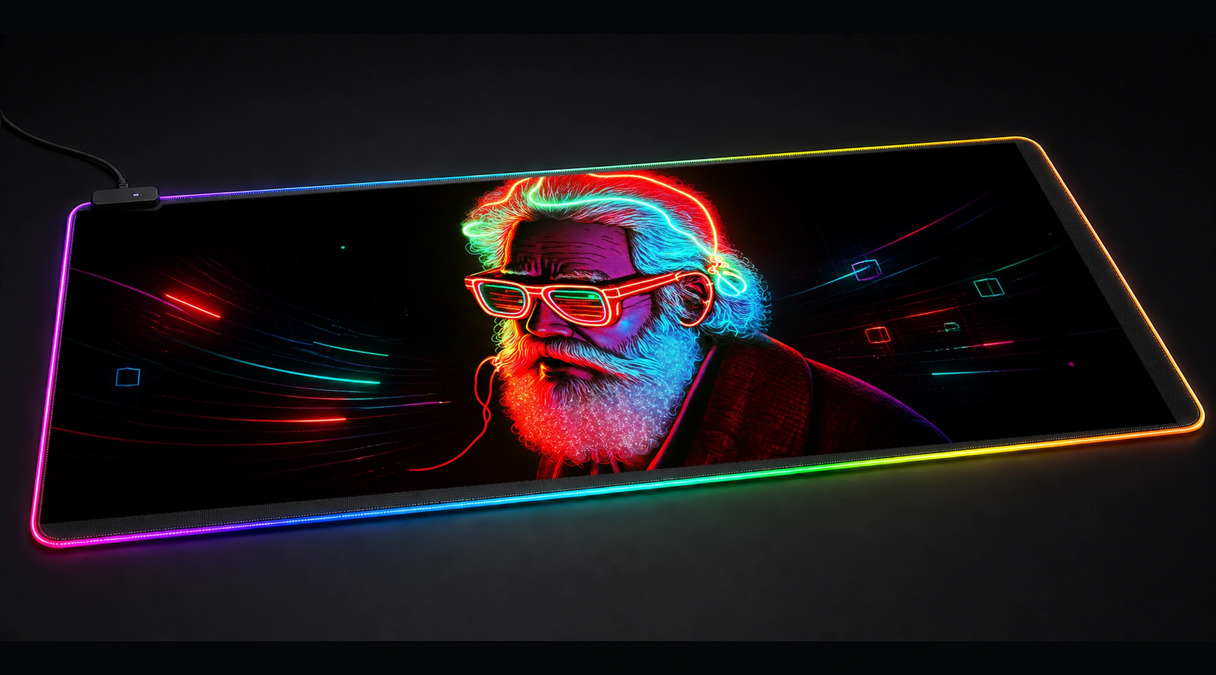 Glow wave Santa icon portrait art panoramic RGB gaming desk mat product view