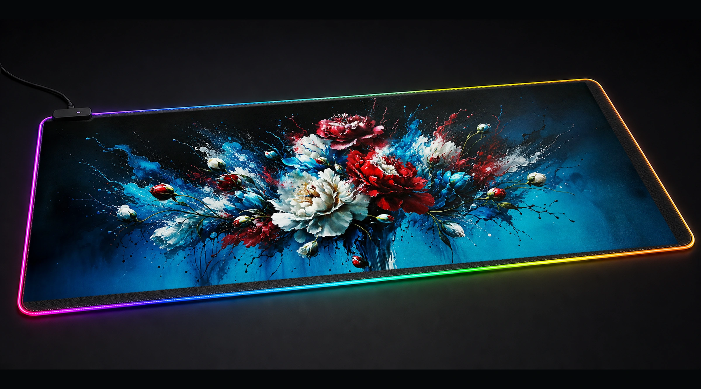 Watercolor Flowers Paint floral botanical art panoramic RGB gaming desk mat product view