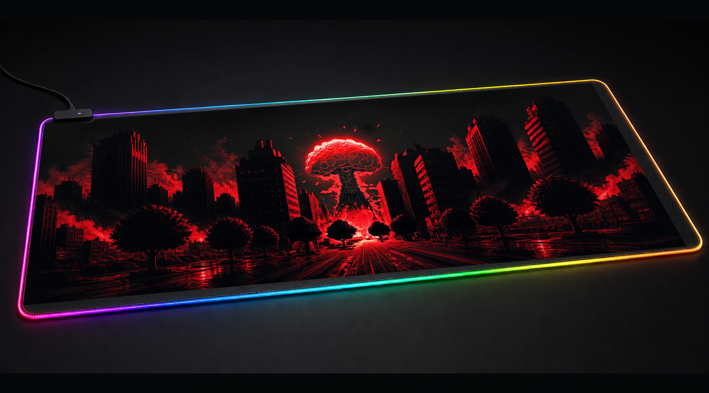 Red Atomic Explosion galaxy space art panoramic RGB gaming desk mat product view