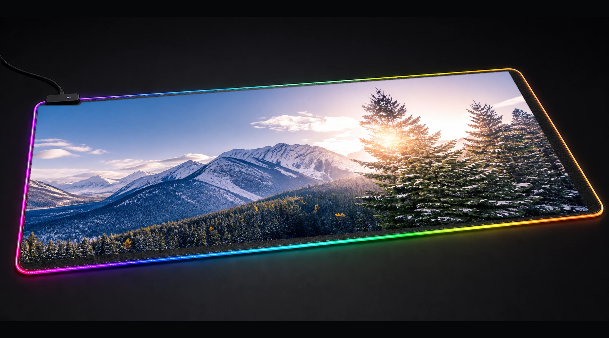 Pine Trees Mountains forest landscape panoramic RGB gaming desk mat product view
