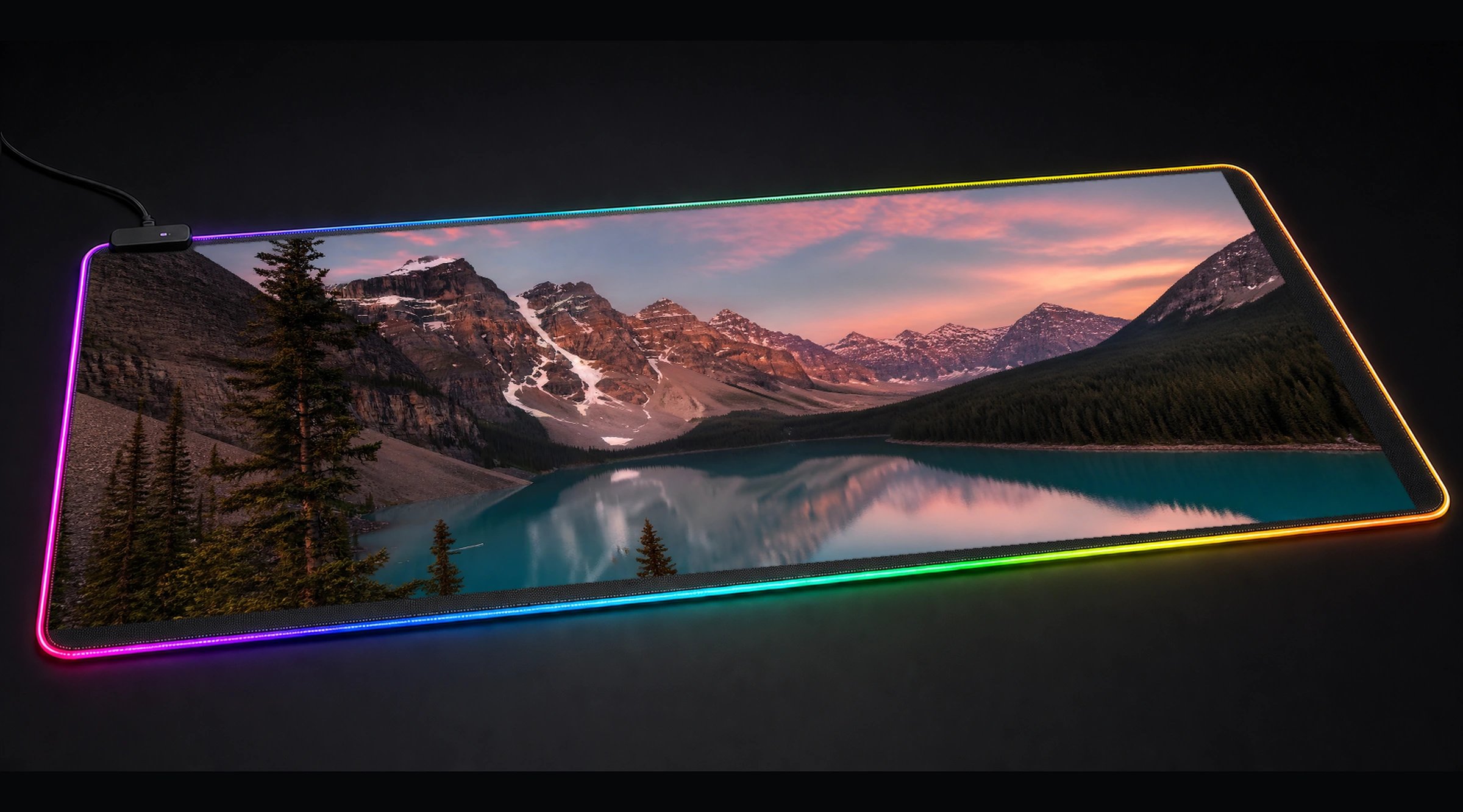 Moraine Lake Mountains ocean wave art panoramic RGB gaming desk mat product view