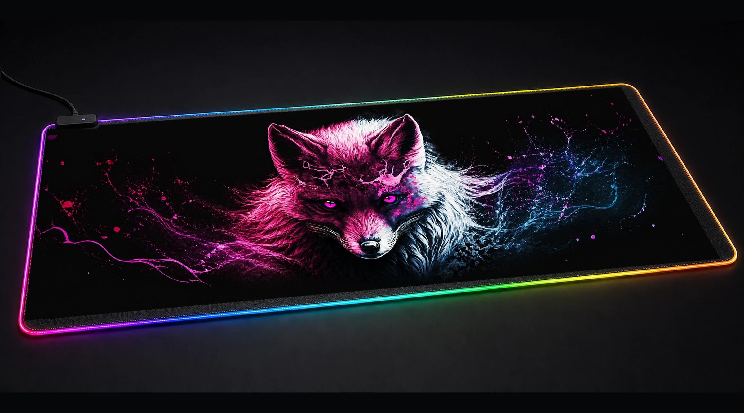 Arctic Fox Devil Pink wildlife art panoramic RGB gaming desk mat product view