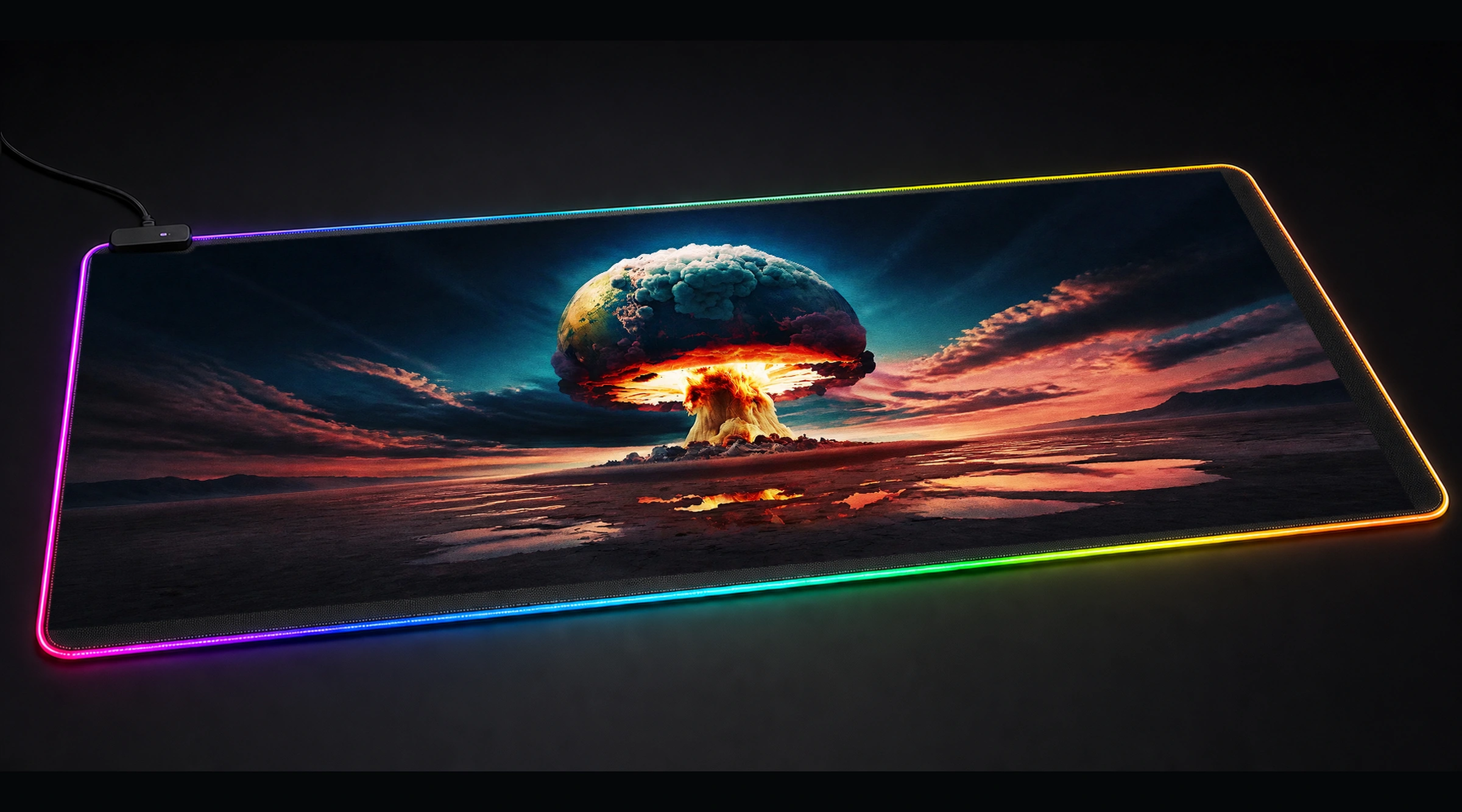 Atomic Explosion celestial moon art panoramic RGB gaming desk mat product view