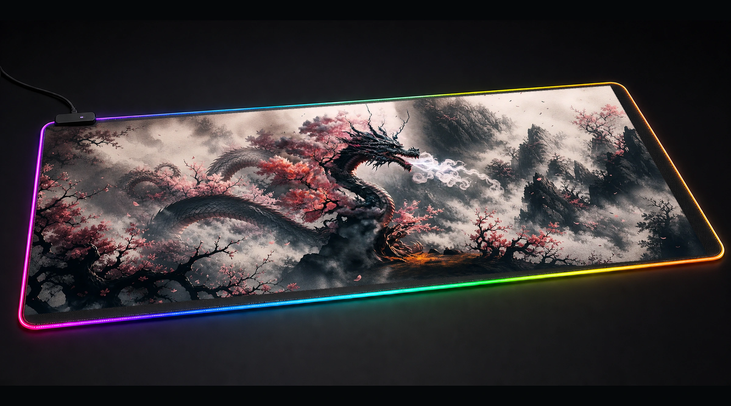 Illustration of Dragon sakura fuji art panoramic RGB gaming desk mat product view