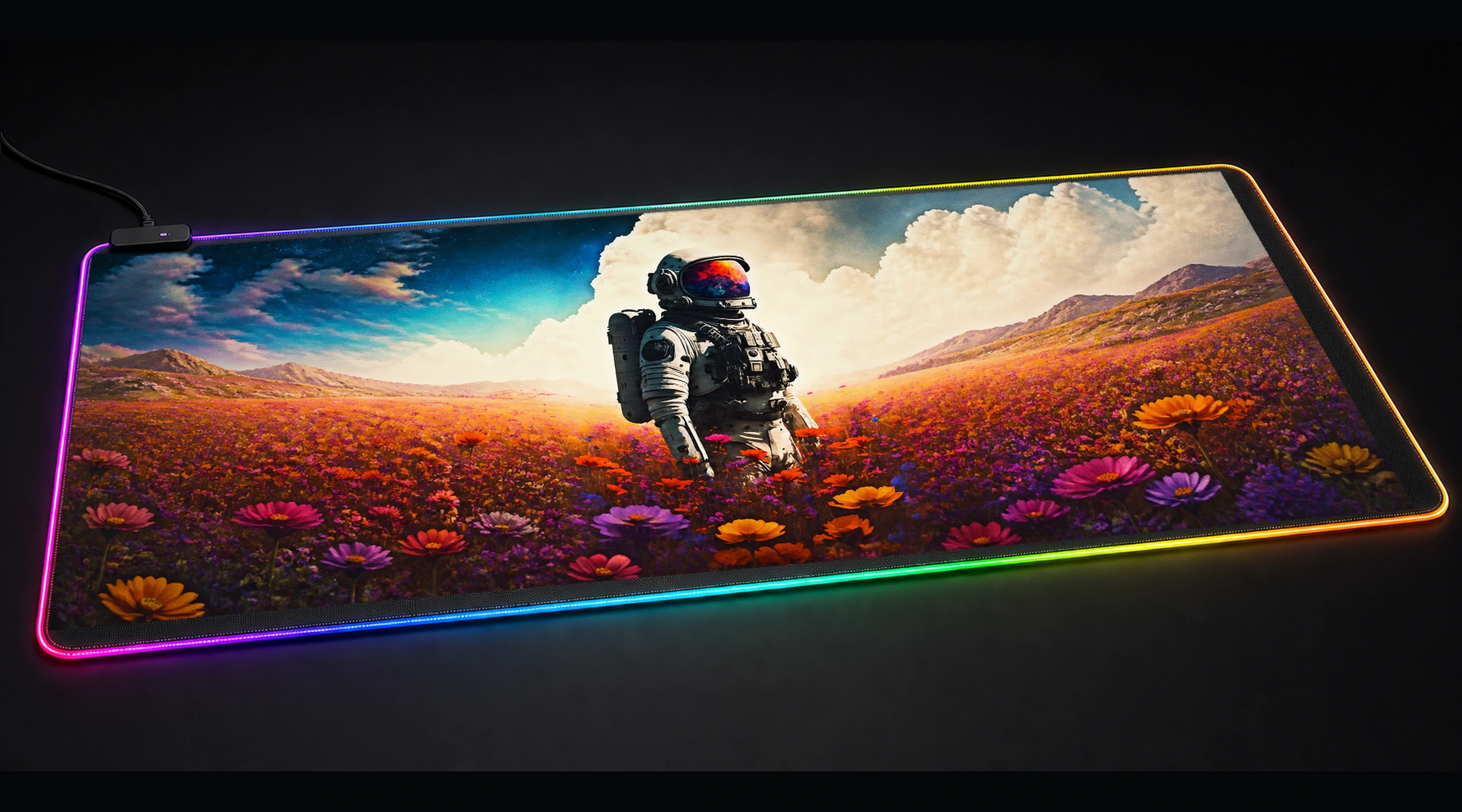 Astronaut standing astronaut space art panoramic RGB gaming desk mat product view