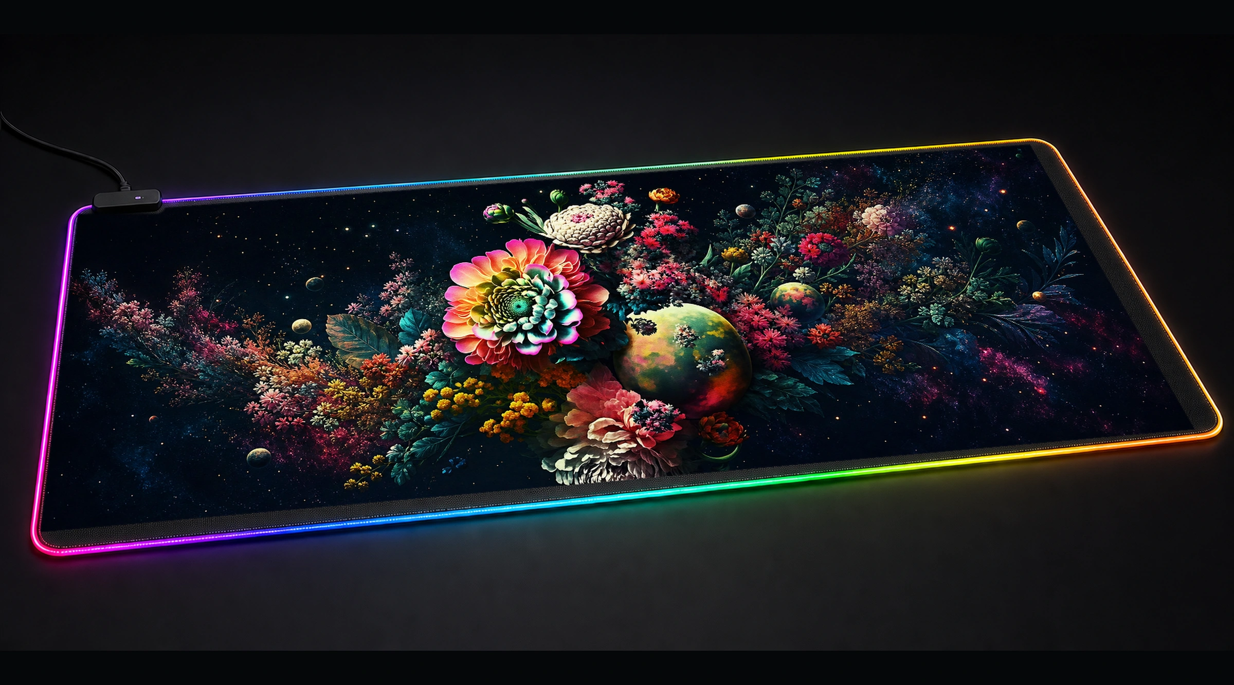 Colorful Flower Paint floral botanical art panoramic RGB gaming desk mat product view