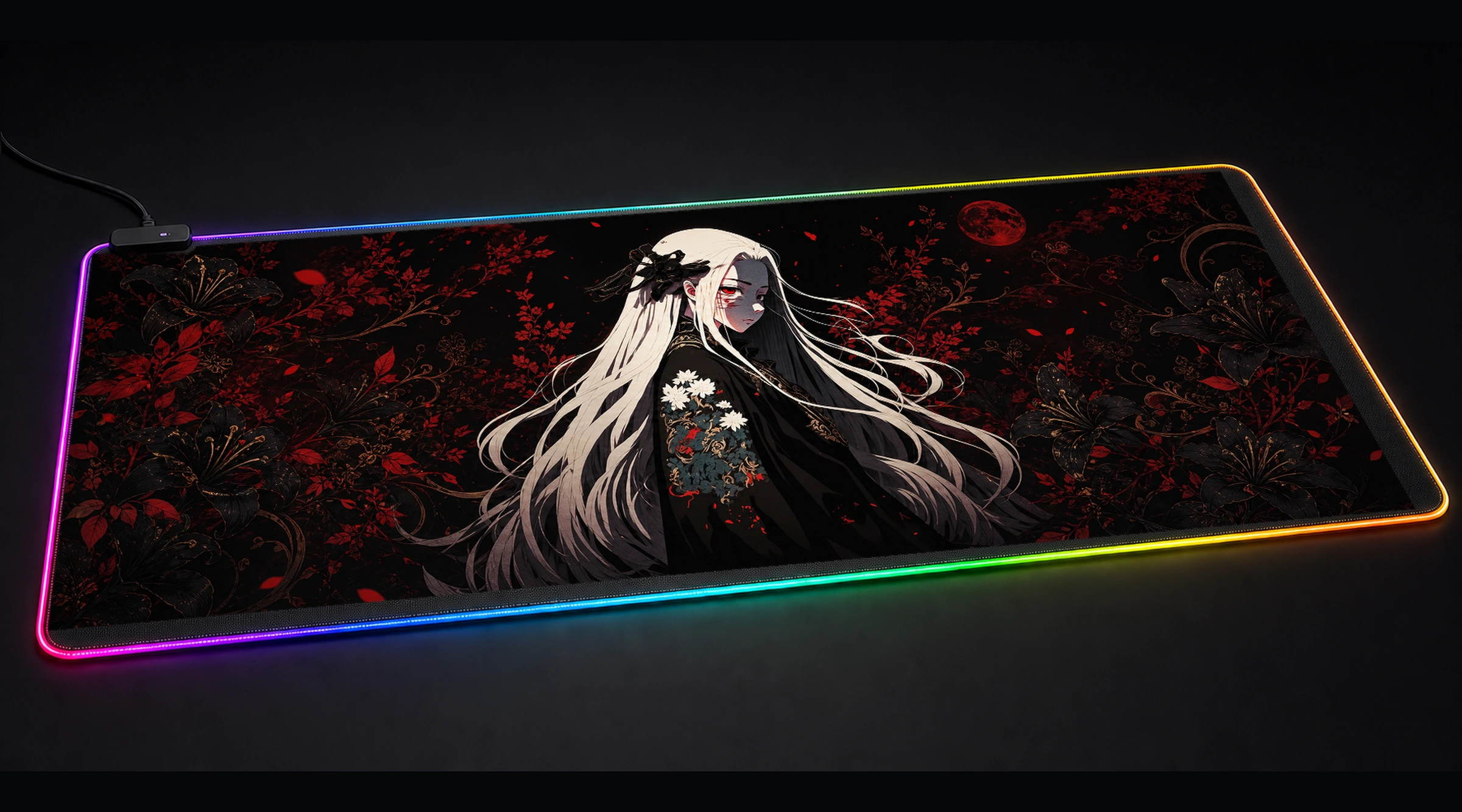 Female demon occult horror panoramic RGB gaming desk mat product view
