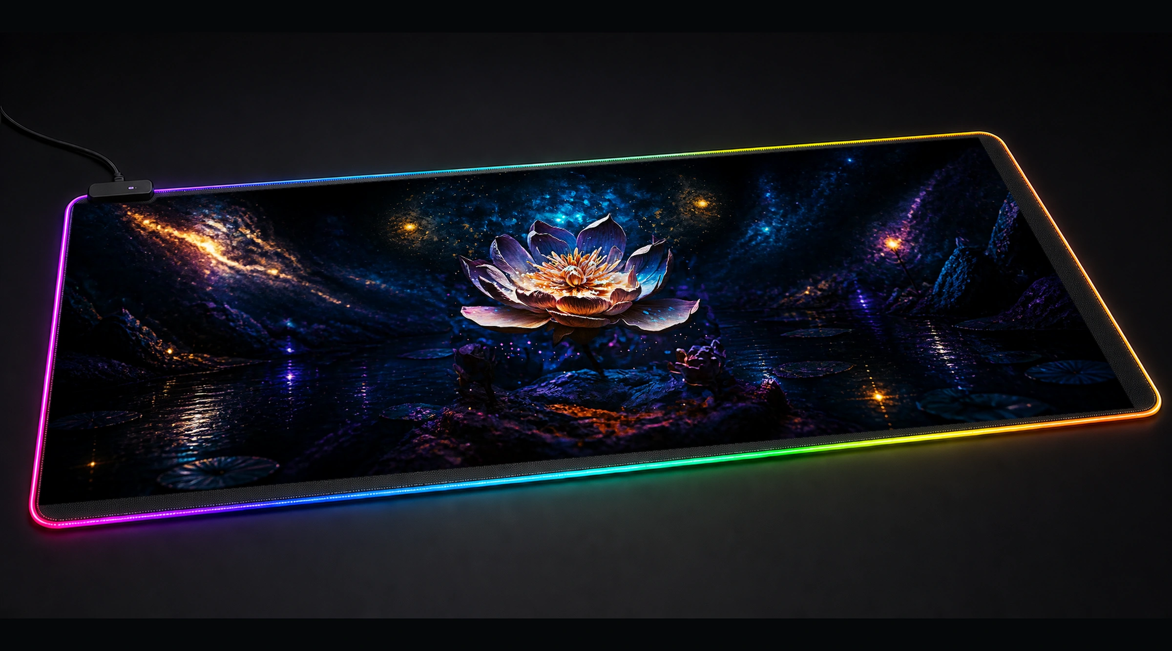 Lotus Flower Magic galaxy space art panoramic RGB gaming desk mat product view