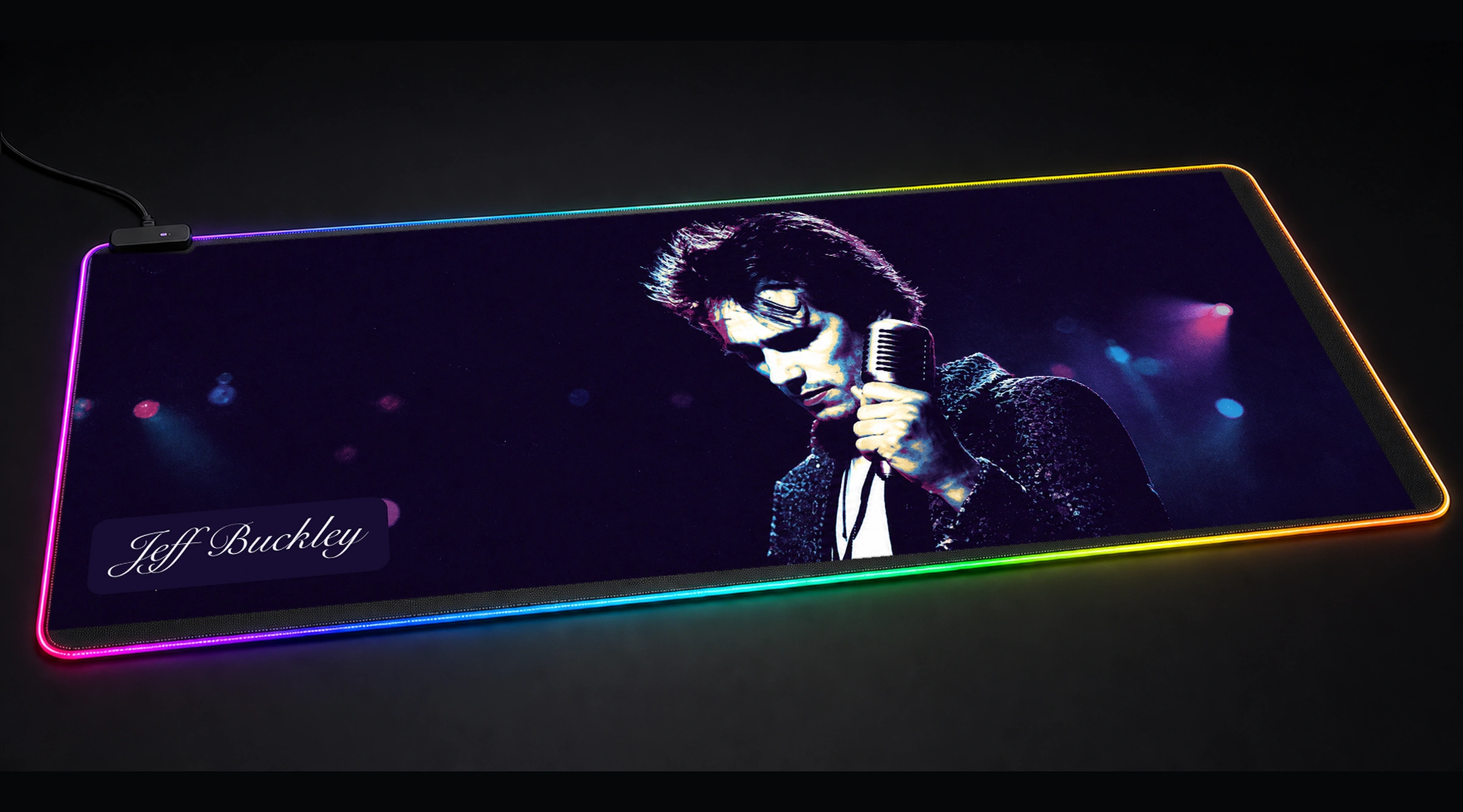 Jeff Buckley Portrait with Signature music band art panoramic RGB gaming desk mat product view