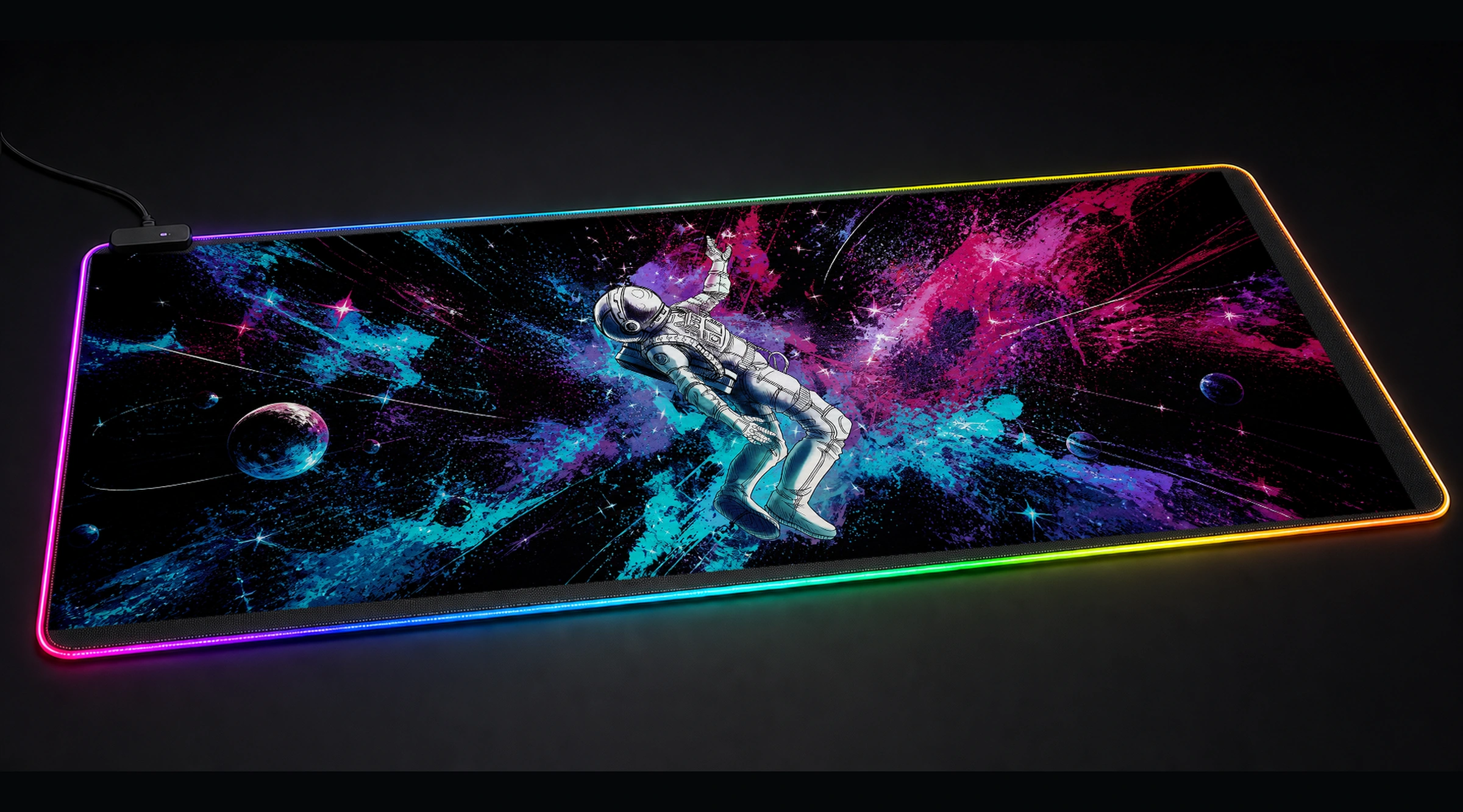 Space is Wild — Violet Gateway astronaut space art panoramic RGB gaming desk mat product view