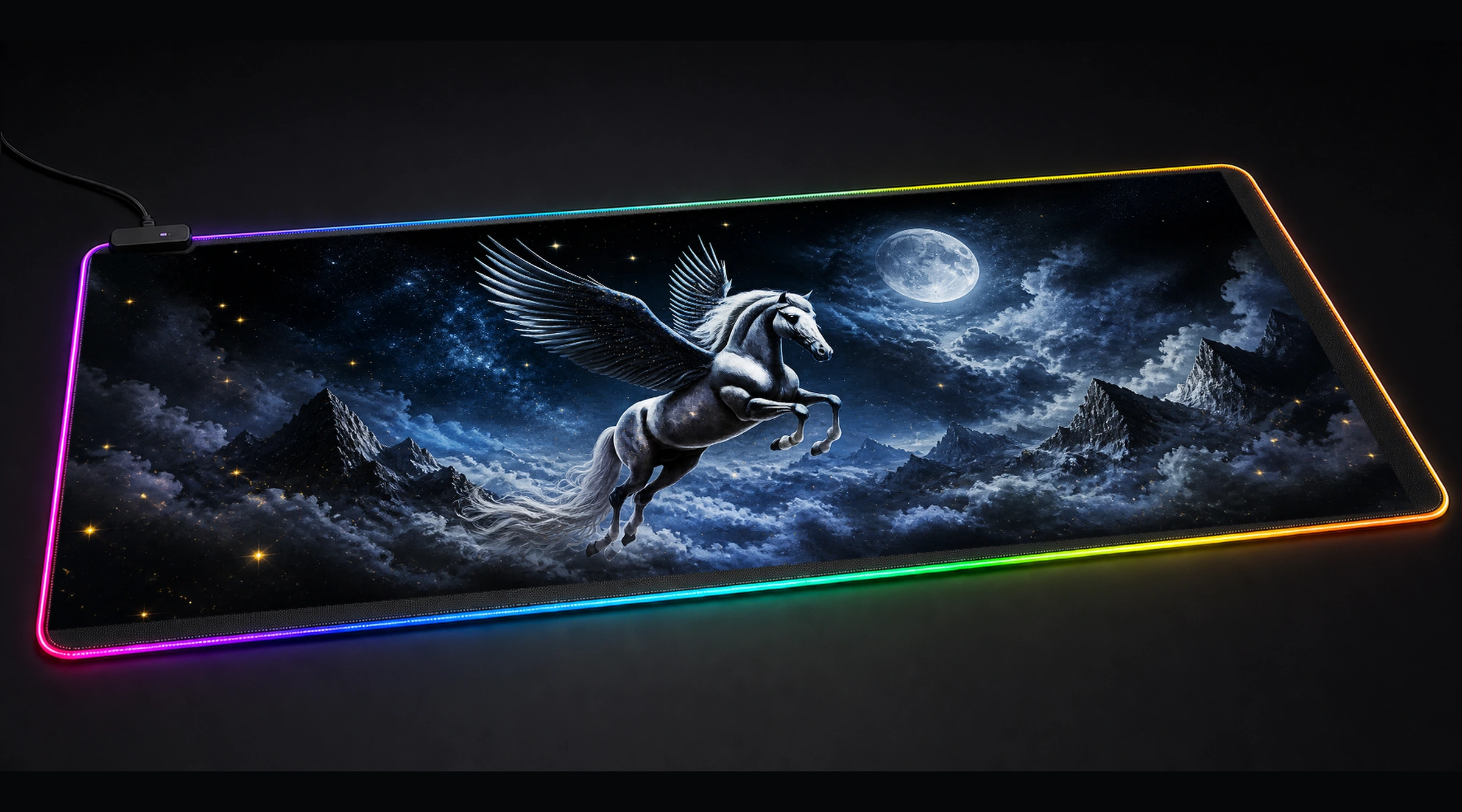 Mystic Dark Horse galaxy space art panoramic RGB gaming desk mat product view