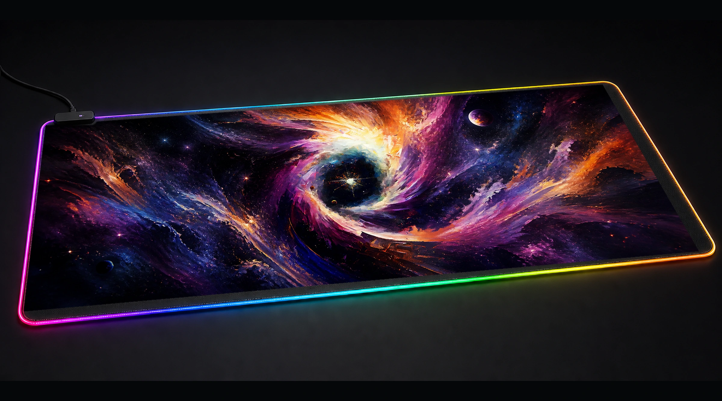 Paint Black Hole galaxy space art panoramic RGB gaming desk mat product view