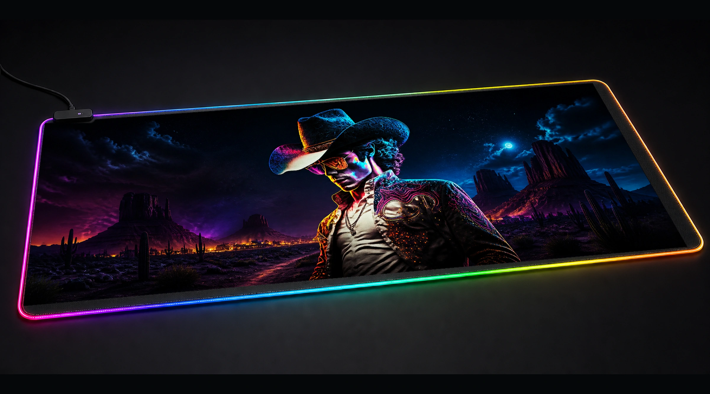 Disco Cowboy Art galaxy space art panoramic RGB gaming desk mat product view