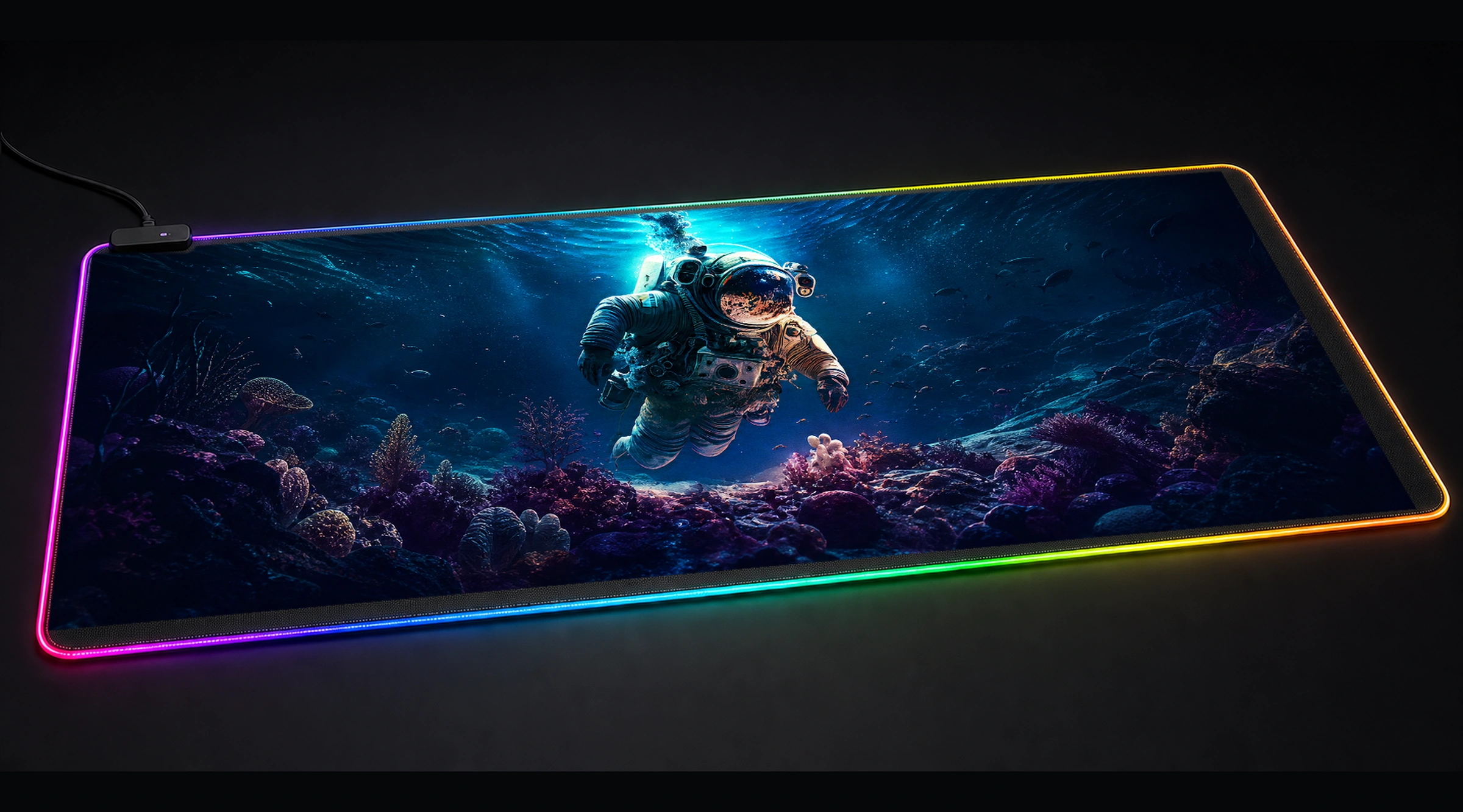 Astronaut Diving astronaut space art panoramic RGB gaming desk mat product view