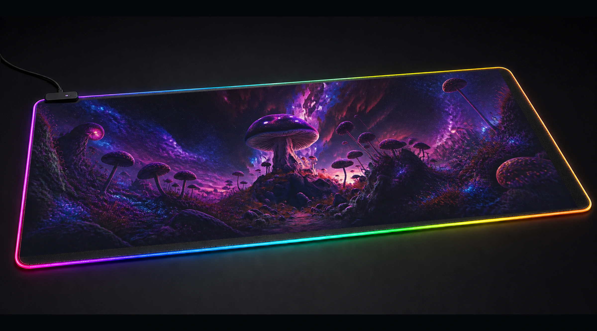 Space Forest Mushroom galaxy space art panoramic RGB gaming desk mat product view