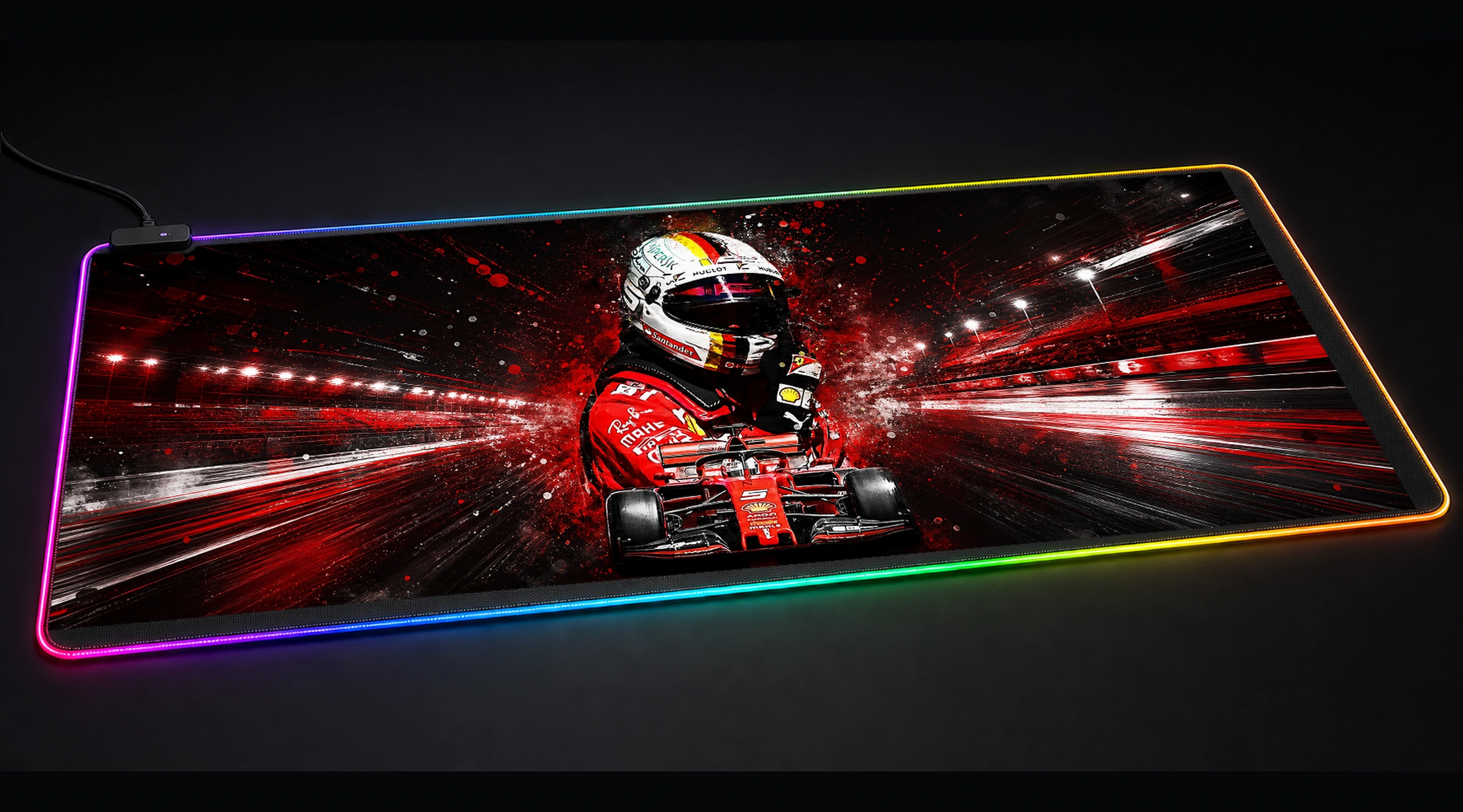 Splatter Drive Sebastian formula racing panoramic RGB gaming desk mat product view
