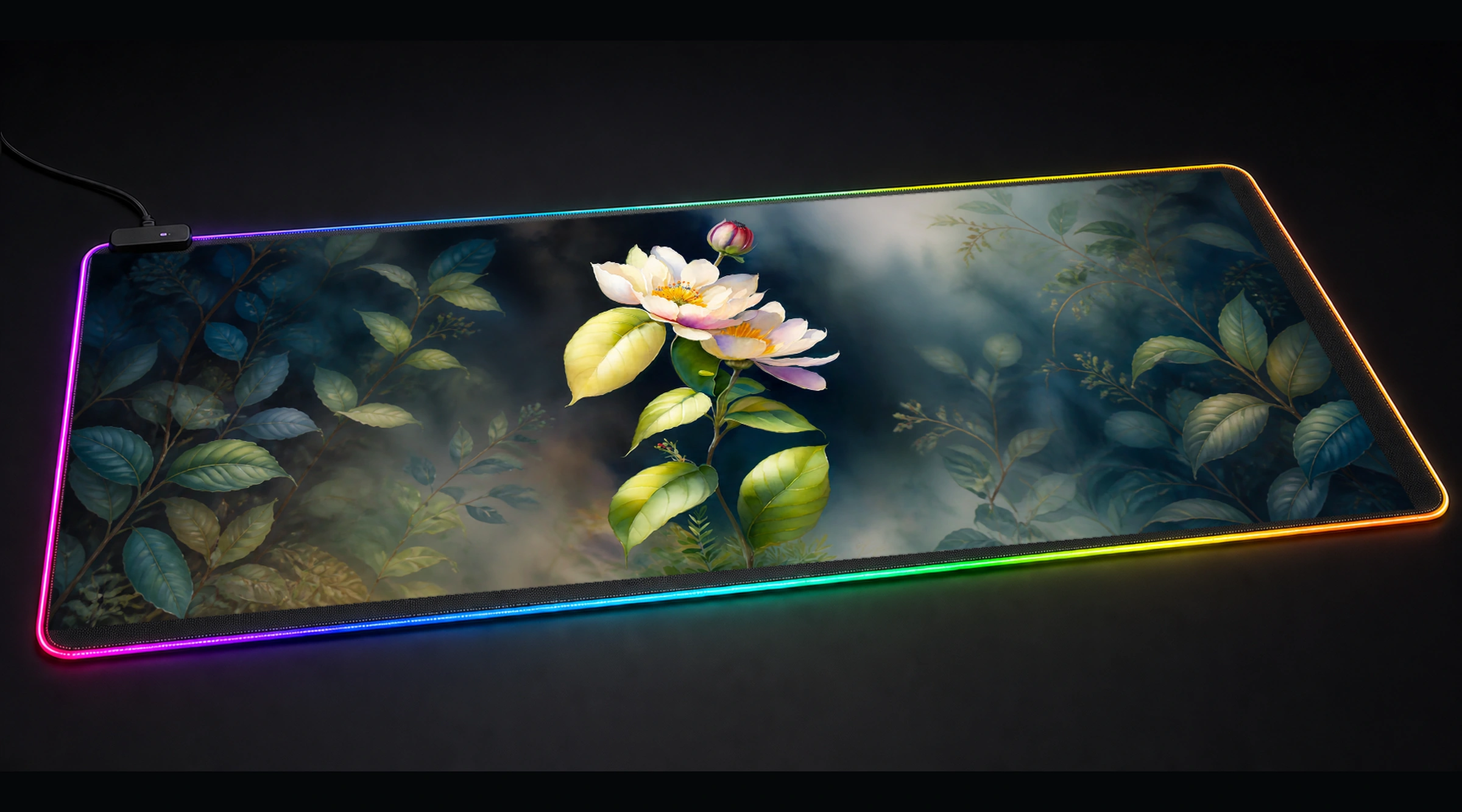 The Fantasy Flower floral botanical art panoramic RGB gaming desk mat product view