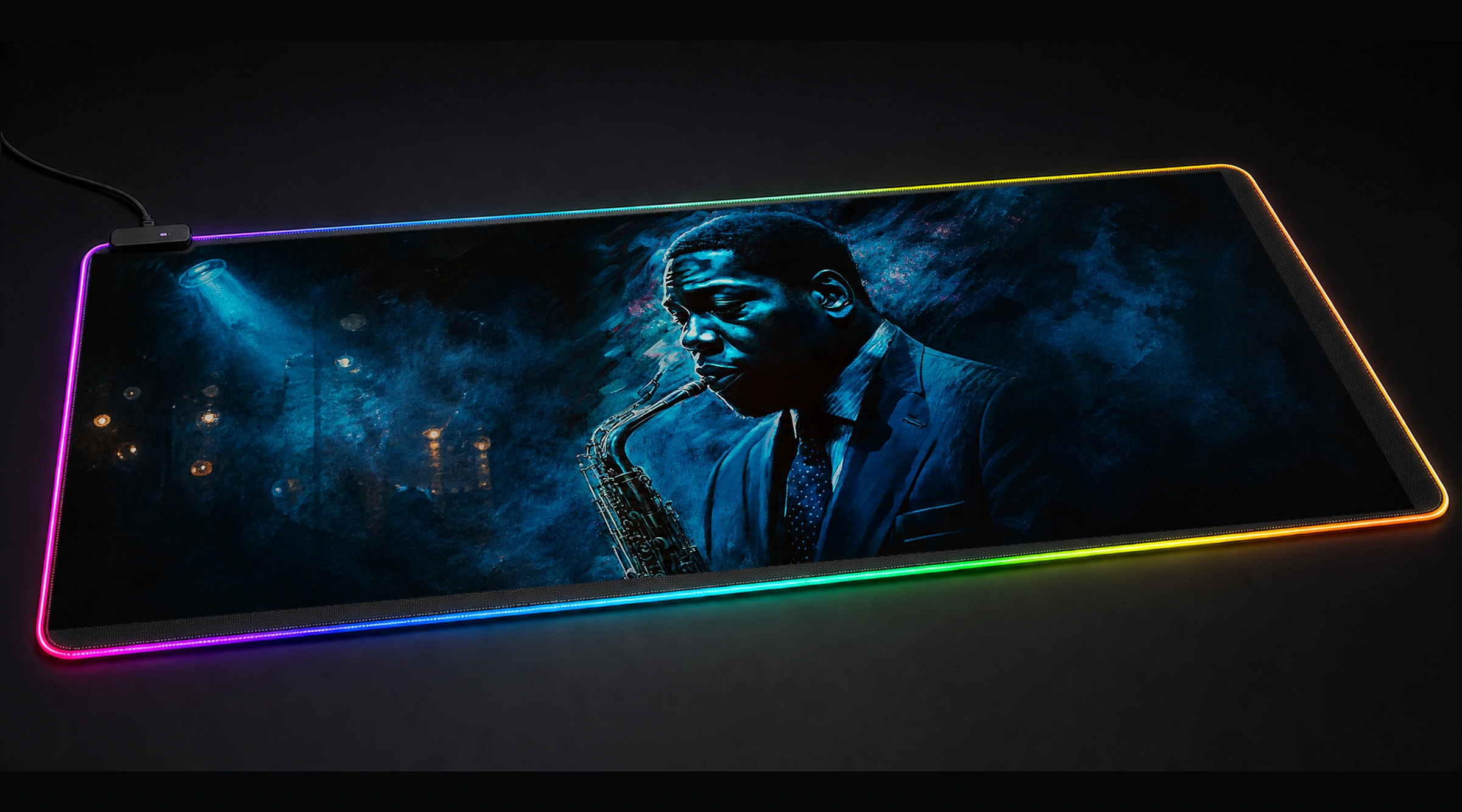 Playing Saxophone Music music band art panoramic RGB gaming desk mat product view