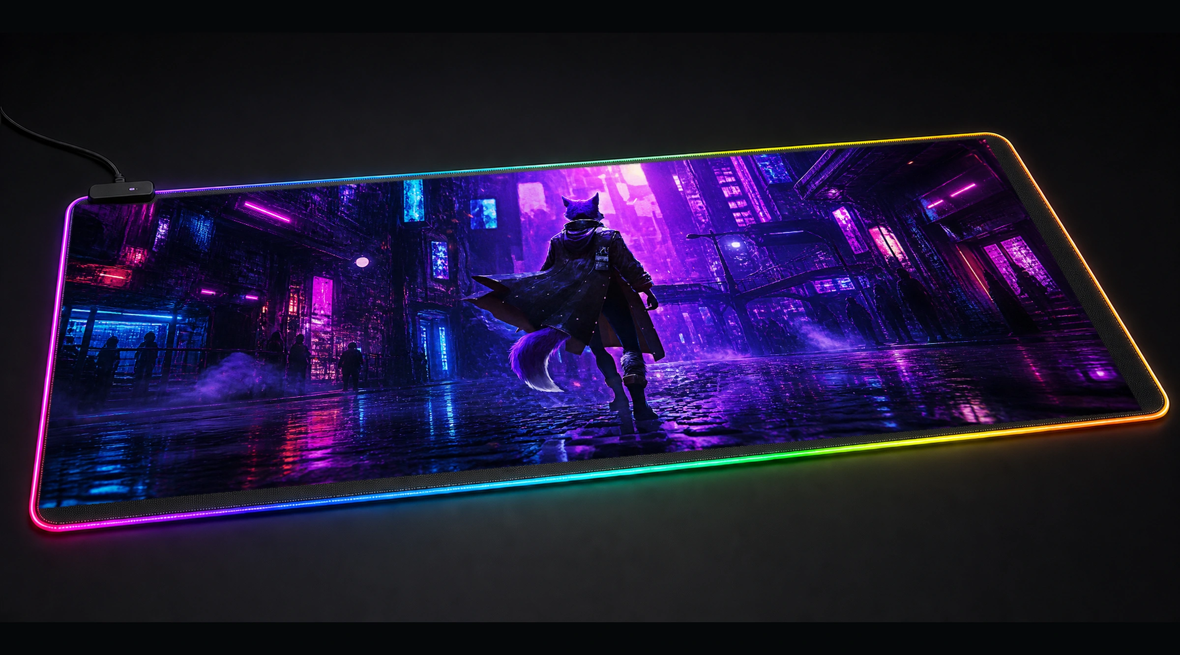 Fox Journey cyberpunk city panoramic RGB gaming desk mat product view