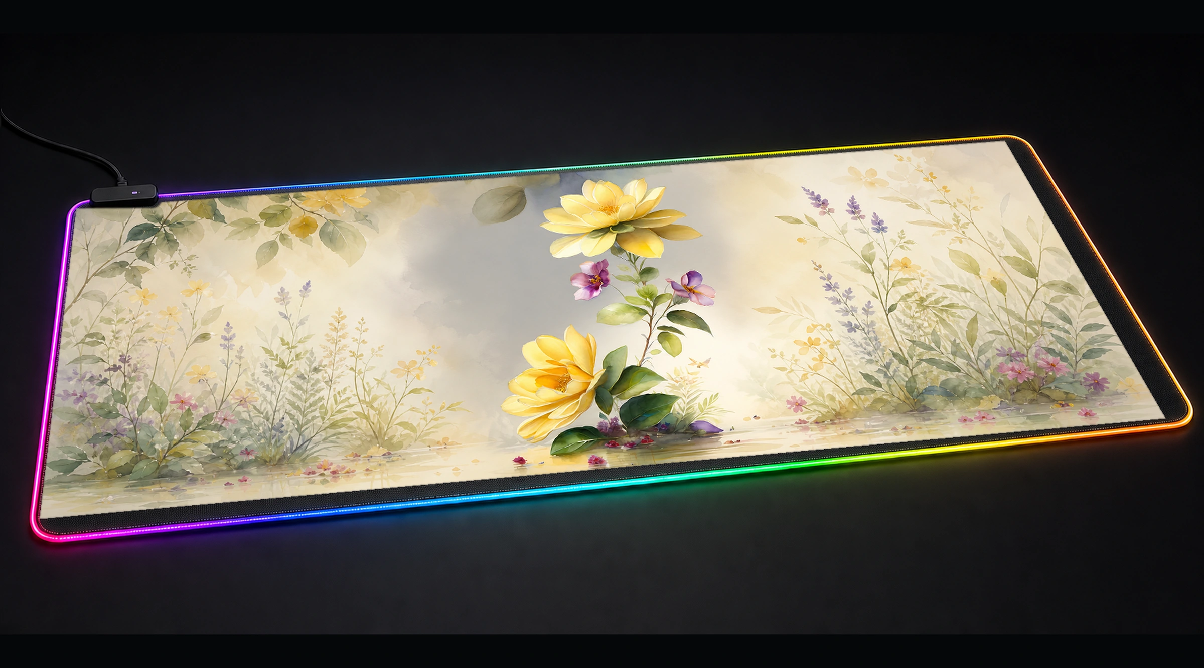 The Twin Fantasy Flower floral botanical art panoramic RGB gaming desk mat product view