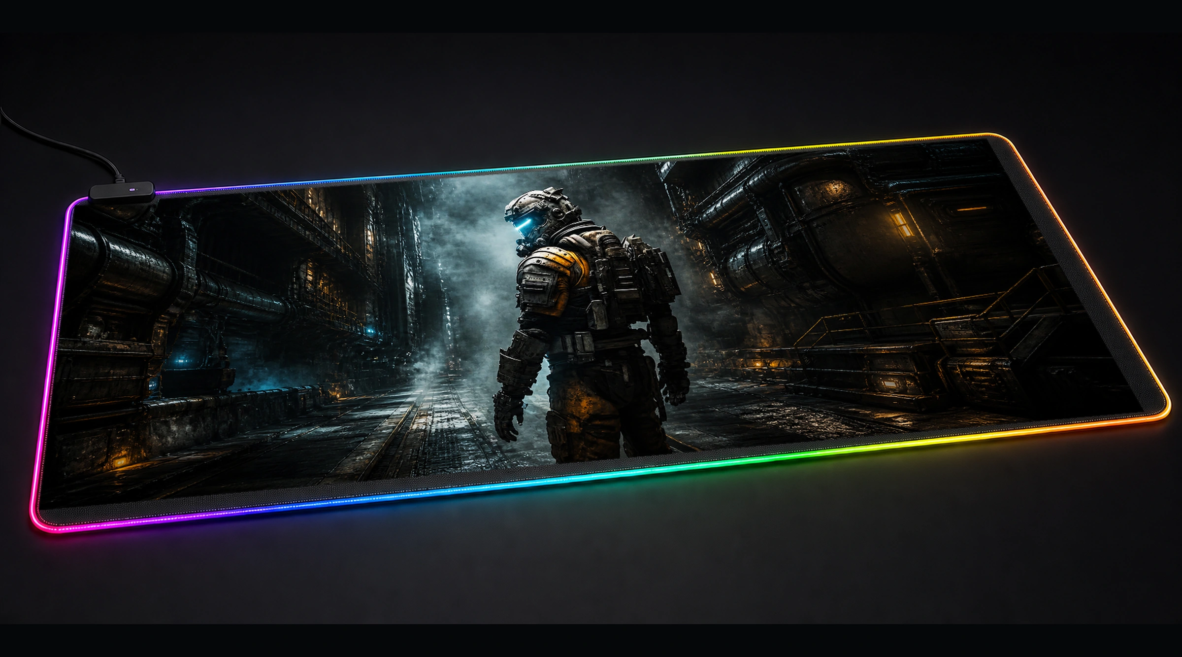 Dark Dead Space Armor game world art panoramic RGB gaming desk mat product view