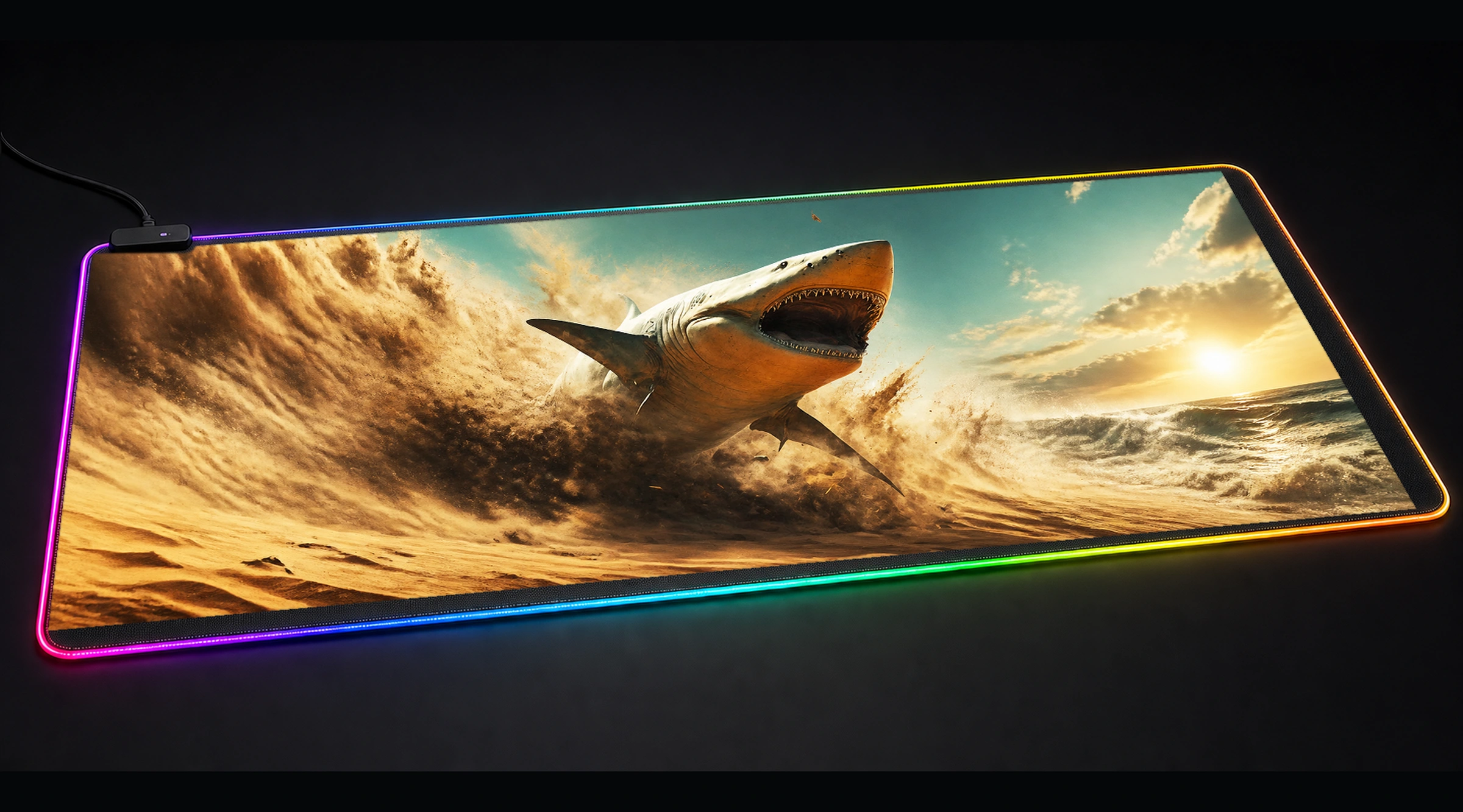 Sand Shark marine life art panoramic RGB gaming desk mat product view