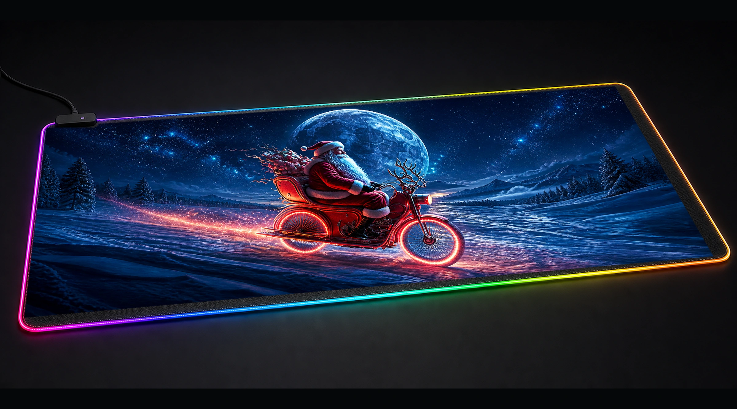 Santa Claus Riding motorcycle motocross panoramic RGB gaming desk mat product view