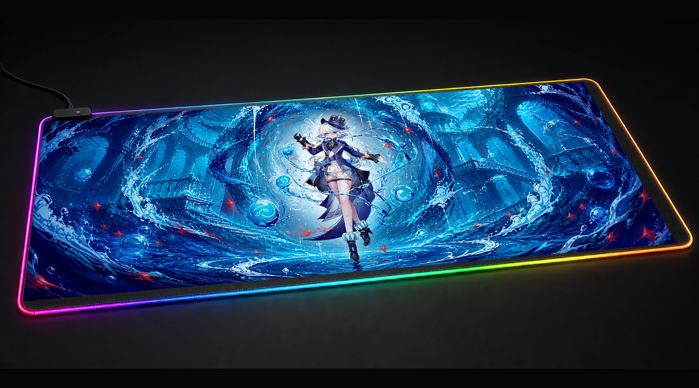 Girl with Water Magic geometric line art panoramic RGB gaming desk mat product view
