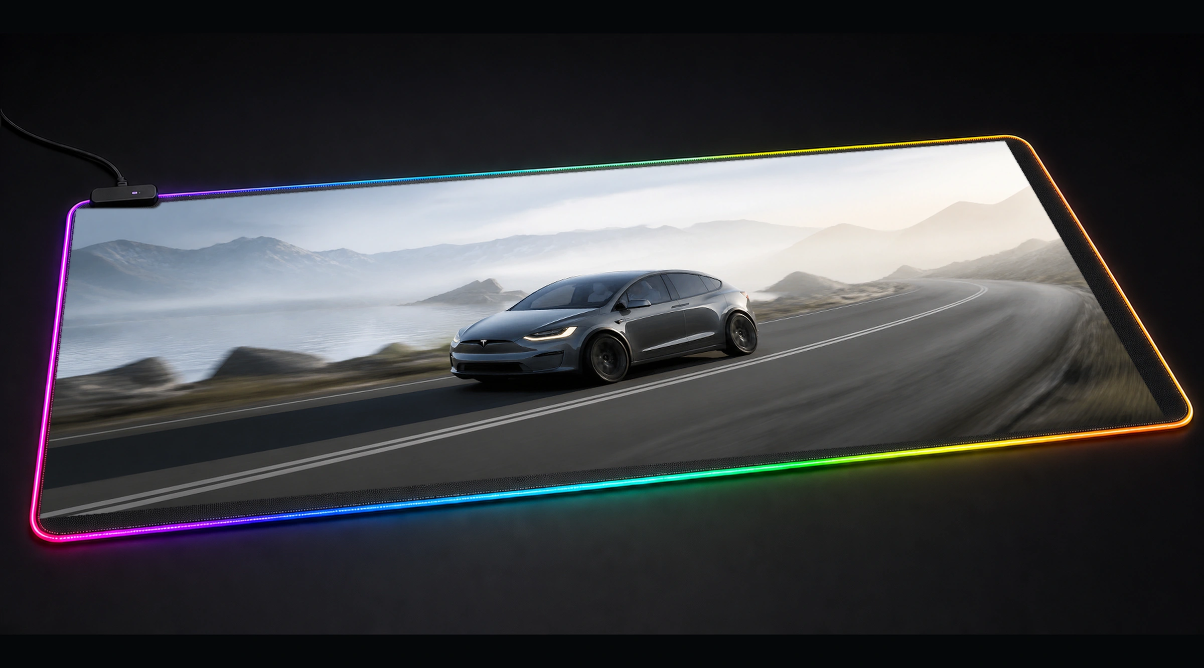 Tesla Model X Plaid supercar art panoramic RGB gaming desk mat product view