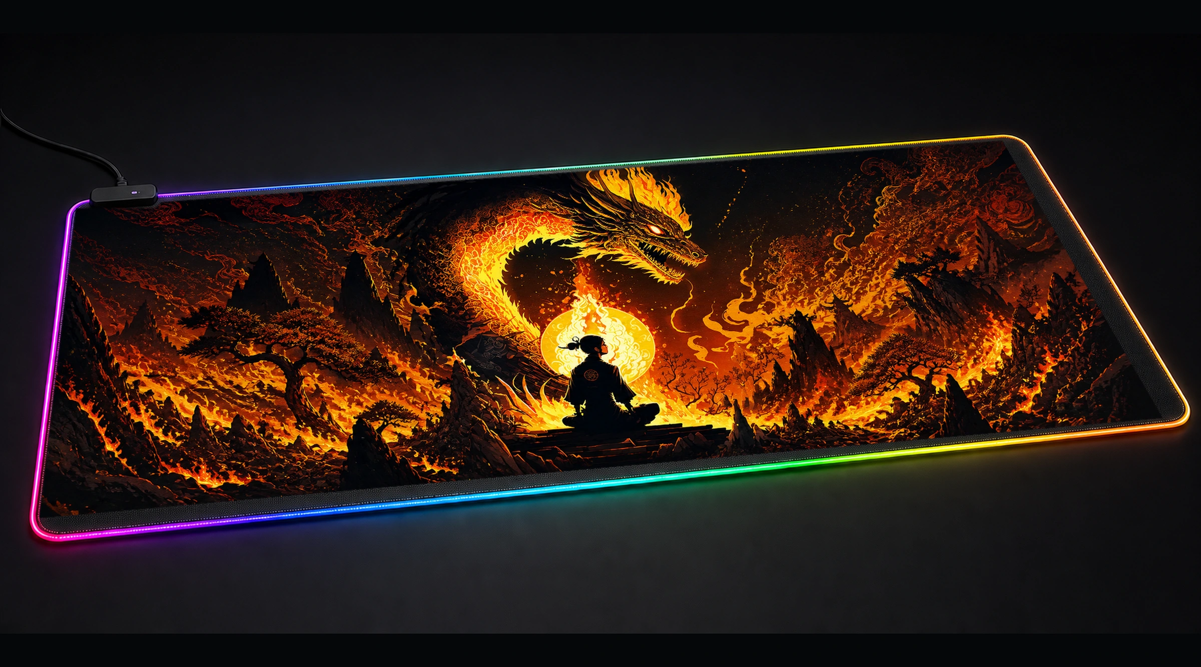 Fantasy Dragon Fire mountain landscape panoramic RGB gaming desk mat product view