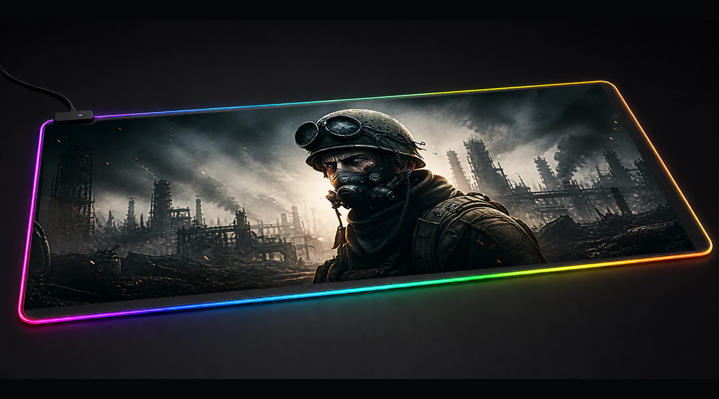 Portrait of a War Soldier abstract art panoramic RGB gaming desk mat product view