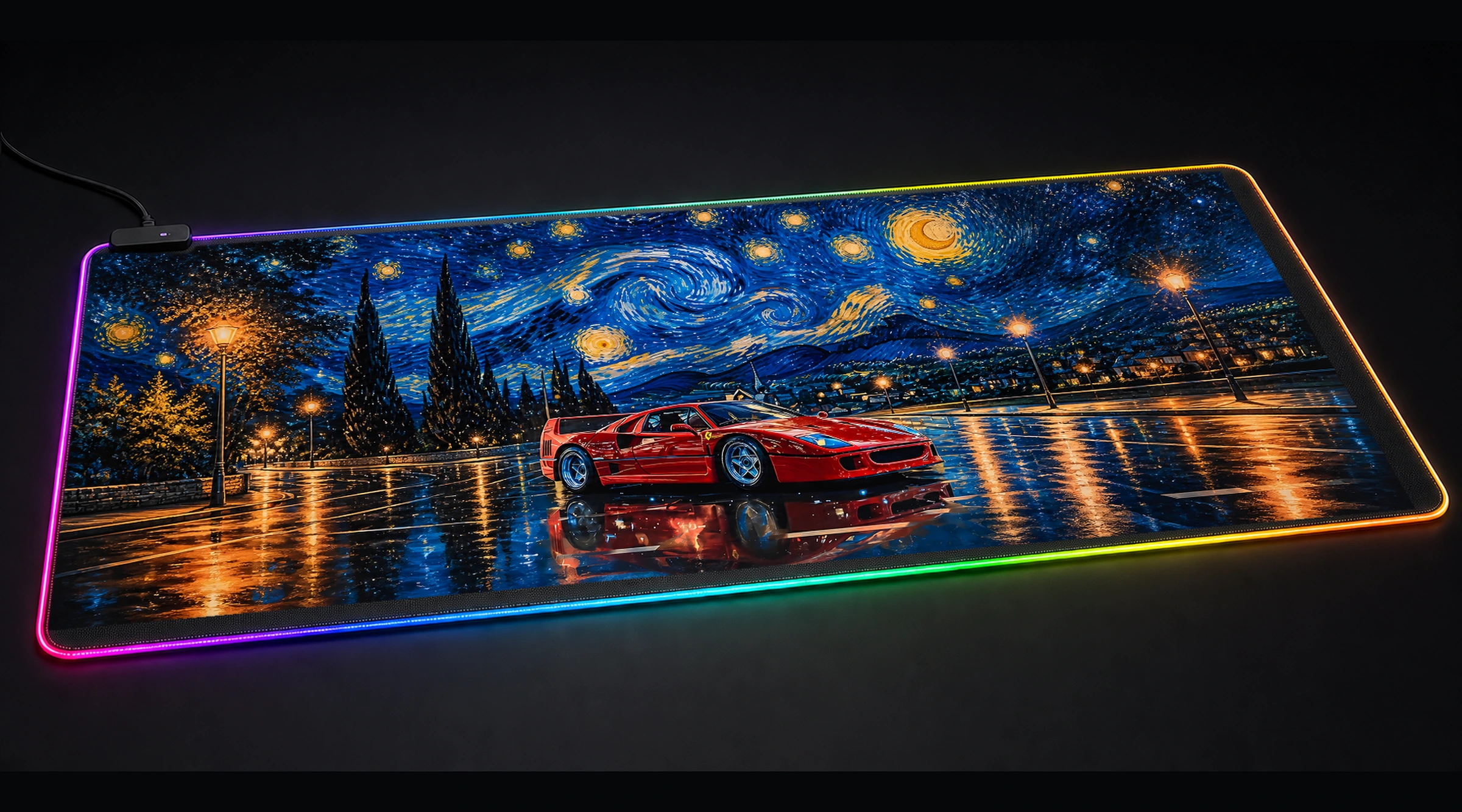 Ferrari F40 Starry Night supercar art panoramic RGB gaming desk mat product view