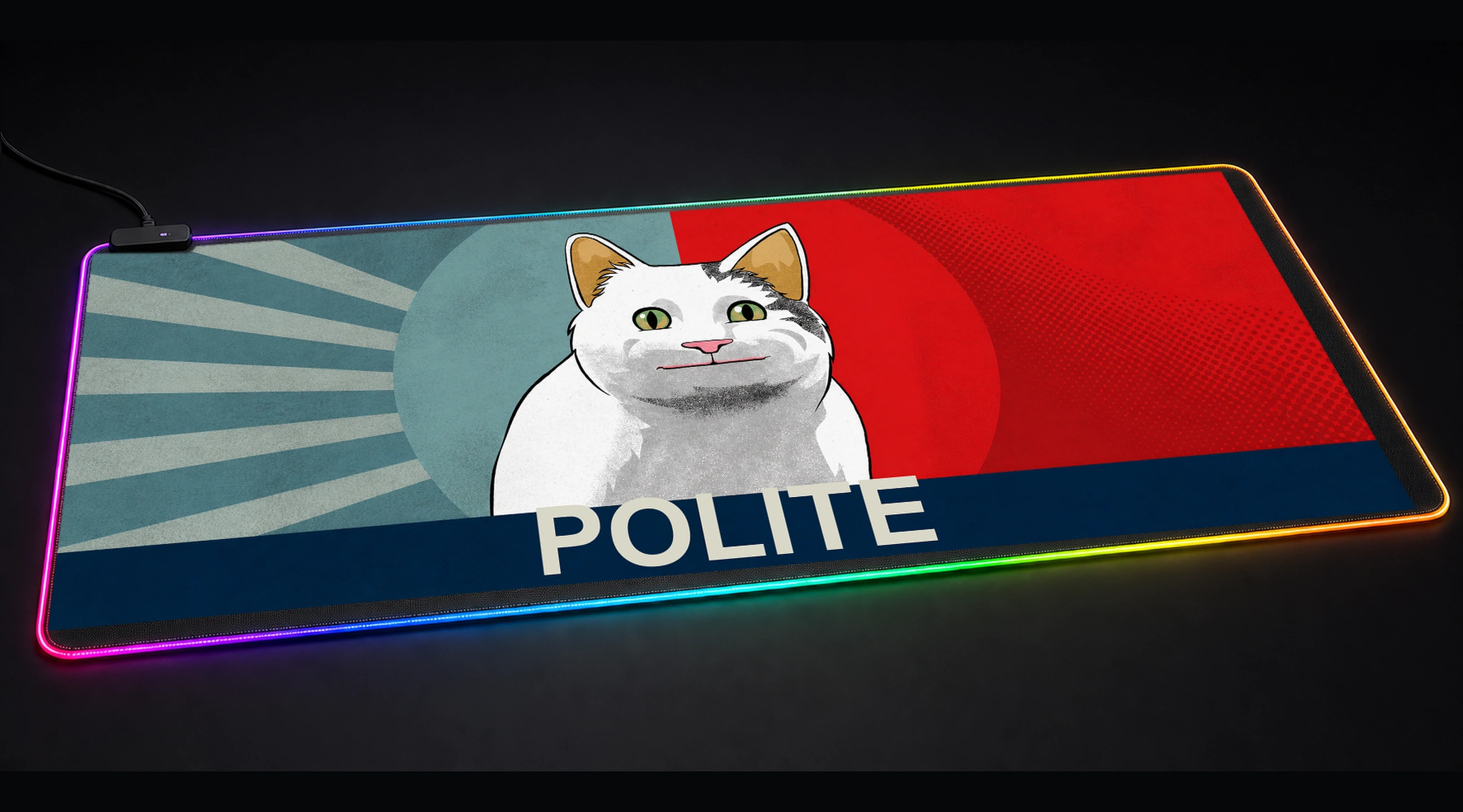 Ollie the Cat Meme funny meme art panoramic RGB gaming desk mat product view
