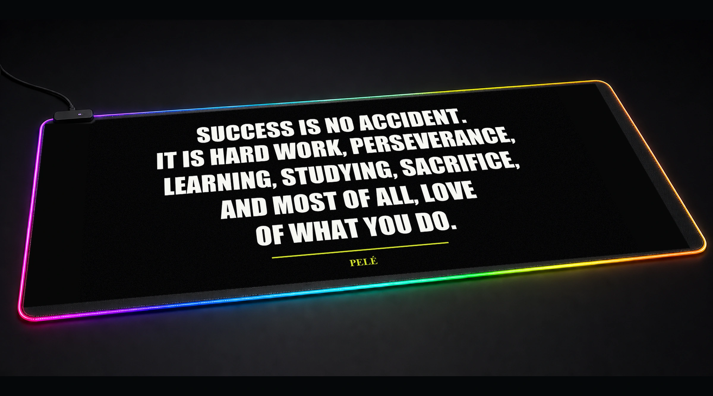Pele Quote: Success is No Accident motivational quote panoramic RGB gaming desk mat product view