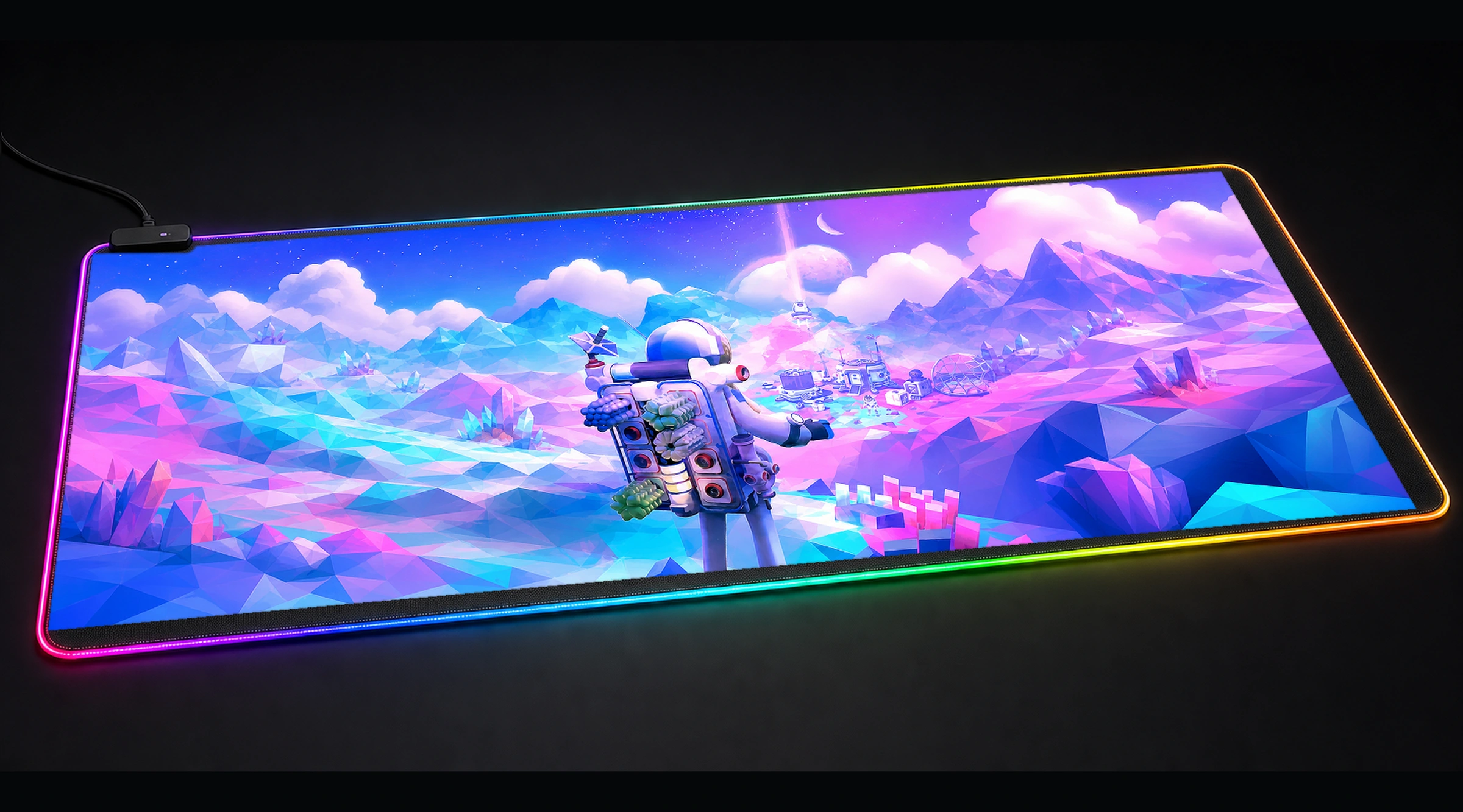 Astroneer art game world art panoramic RGB gaming desk mat product view