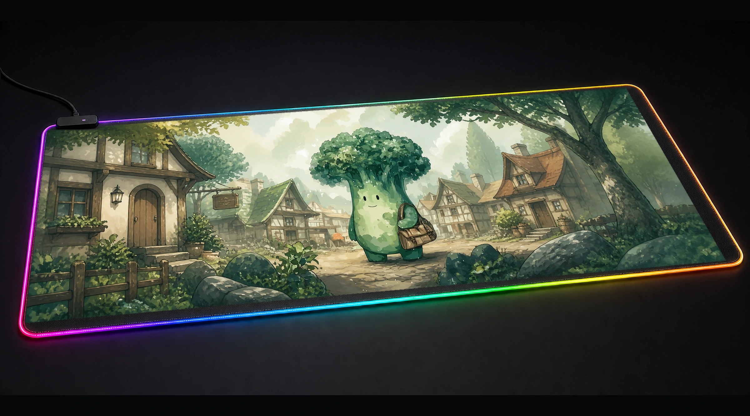 Broccoli Adventure comic cartoon art panoramic RGB gaming desk mat product view