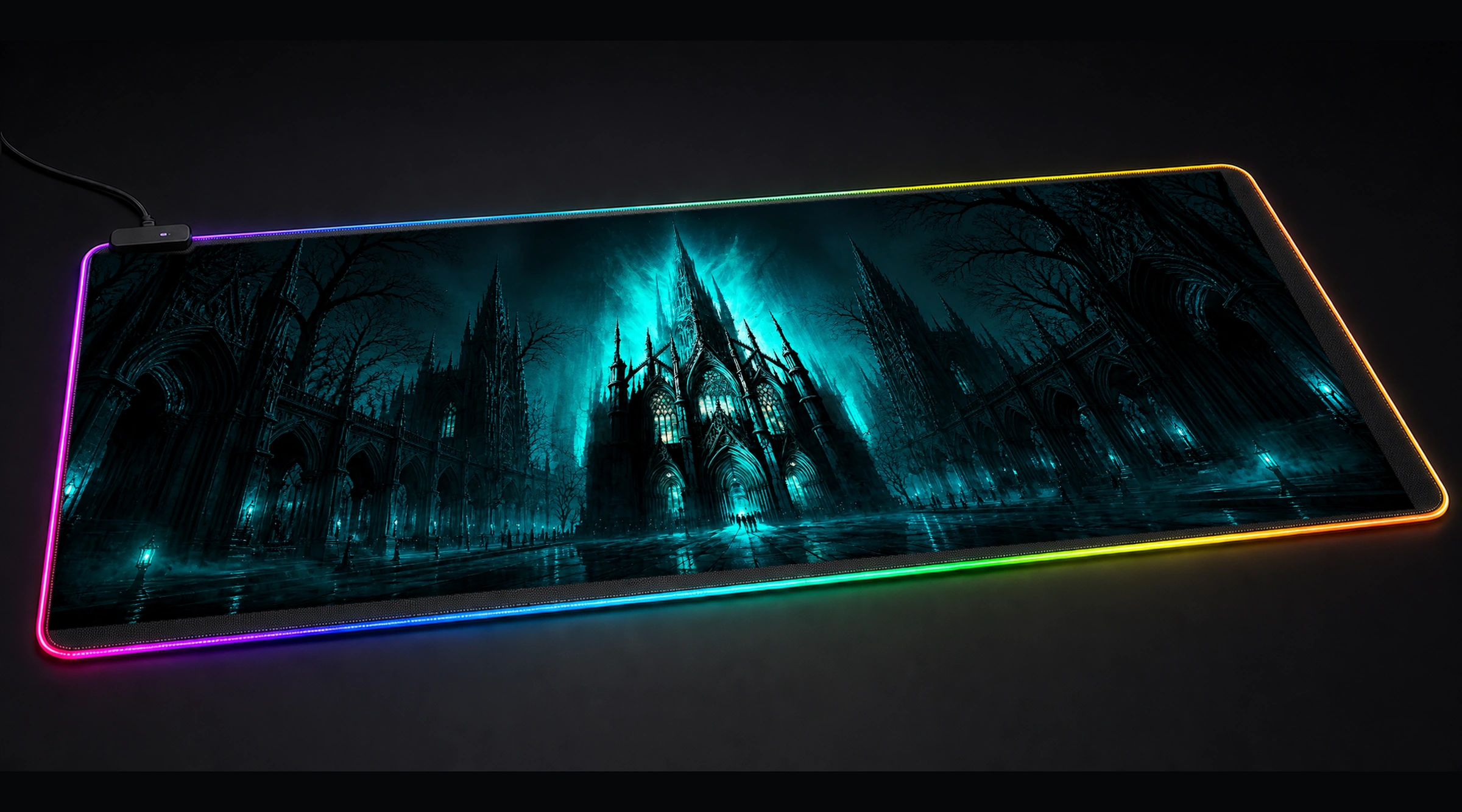 The impressive Gloom occult horror panoramic RGB gaming desk mat product view