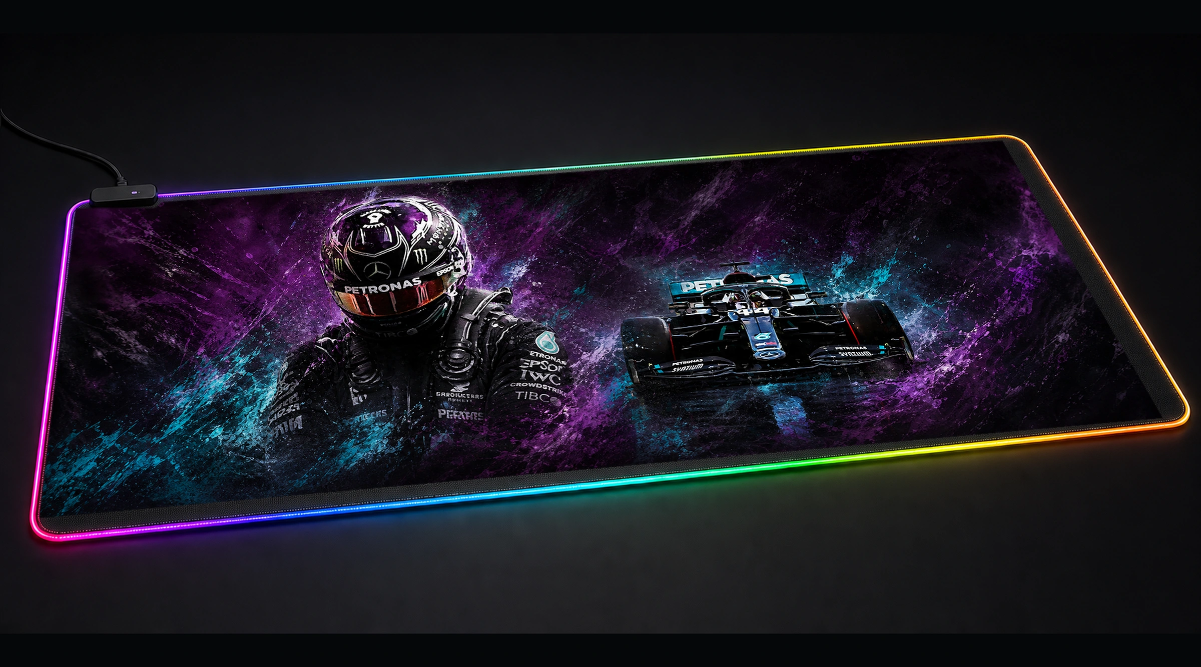 Black Driver Lewis formula racing panoramic RGB gaming desk mat product view