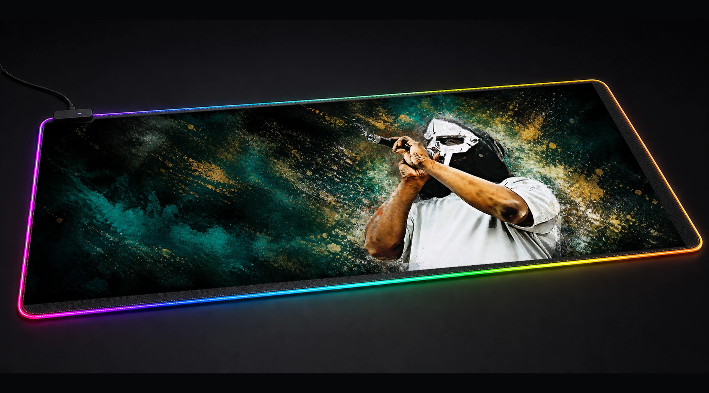 Splatter in Mask Music music band art panoramic RGB gaming desk mat product view