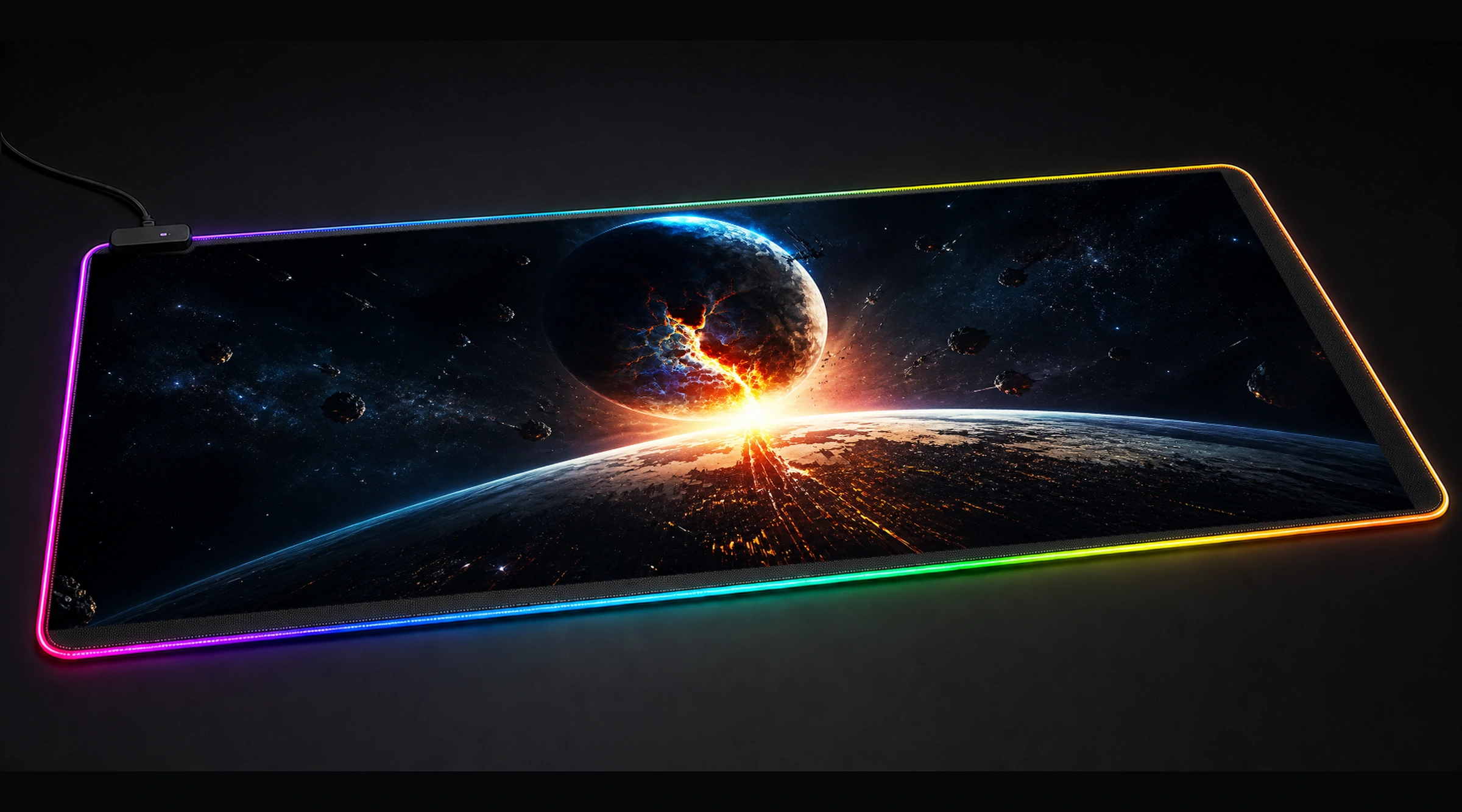 Shattered Solar System celestial moon art panoramic RGB gaming desk mat product view